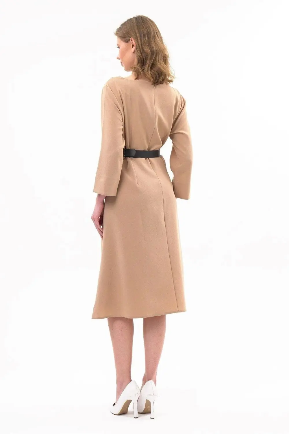 Kadın Bej Yeni Sezon Kemerli Bisiklet Yaka Elbise 3809-110
