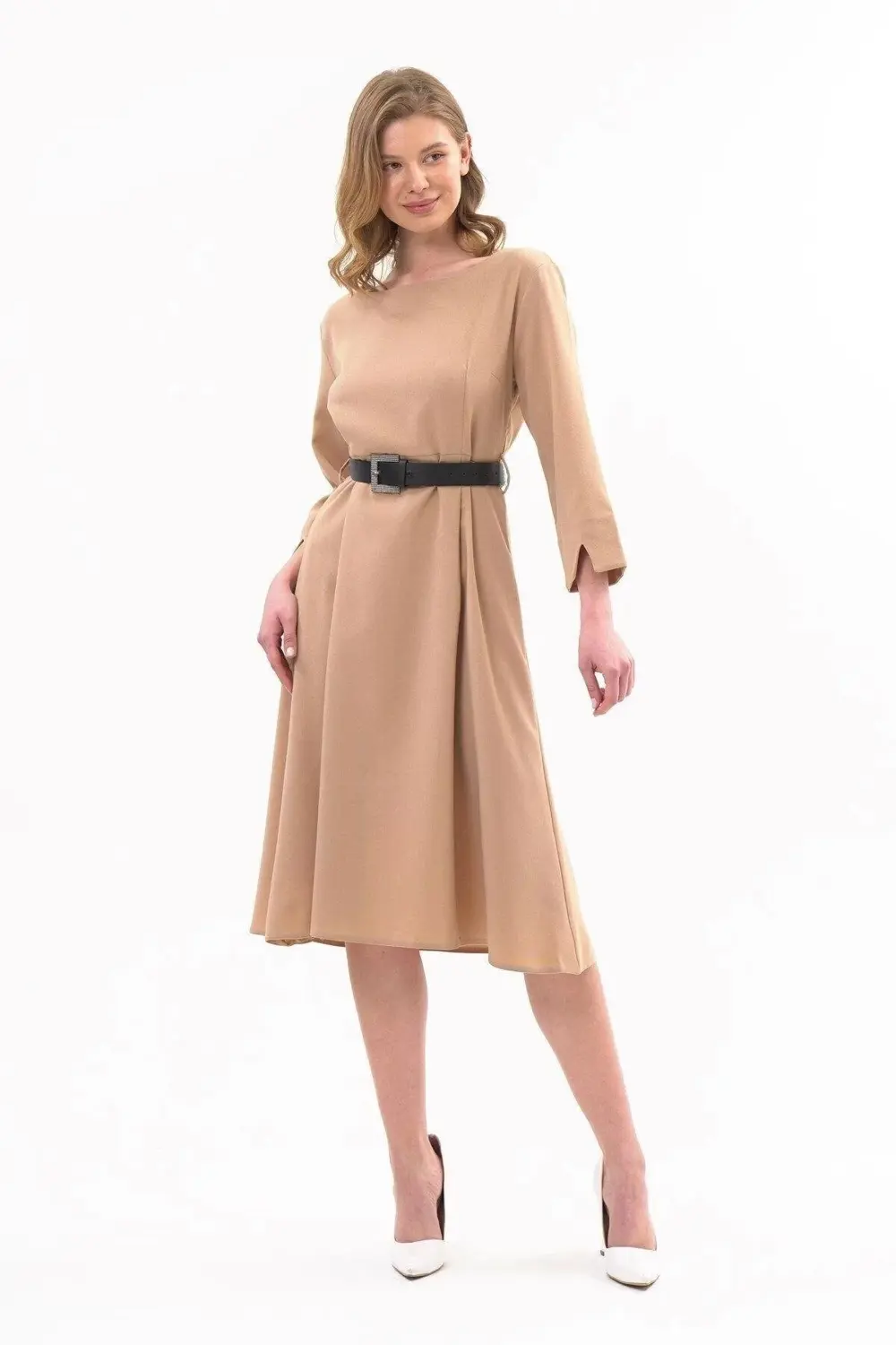 Kadın Bej Yeni Sezon Kemerli Bisiklet Yaka Elbise 3809-110