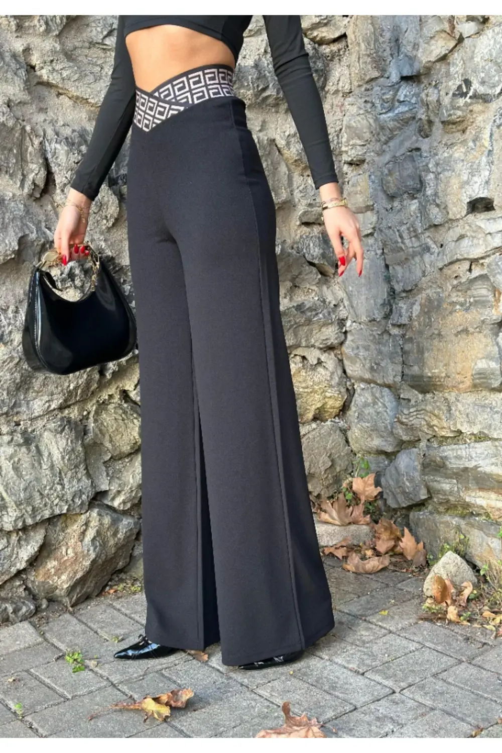 Kadın Belde Kruvaze Ve Ribana Detay Ispanyol Paça Ithal Krep Pant