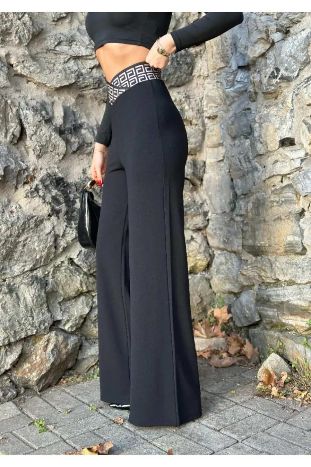 Kadın Belde Kruvaze Ve Ribana Detay Ispanyol Paça Ithal Krep Pant