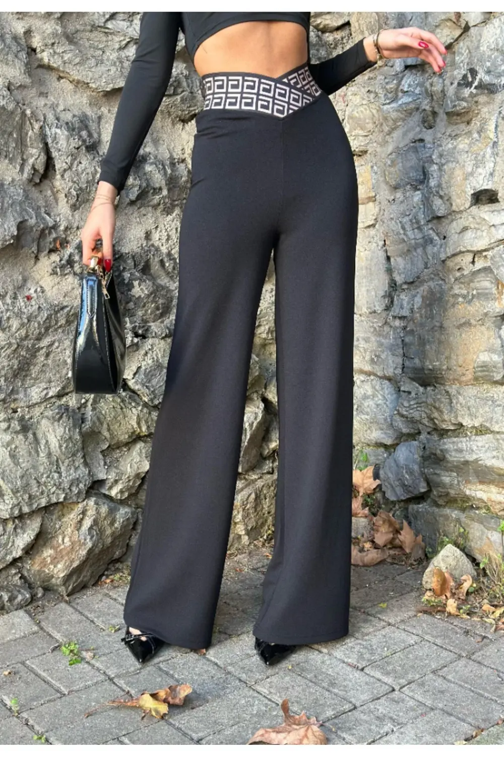 Kadın Belde Kruvaze Ve Ribana Detay Ispanyol Paça Ithal Krep Pant