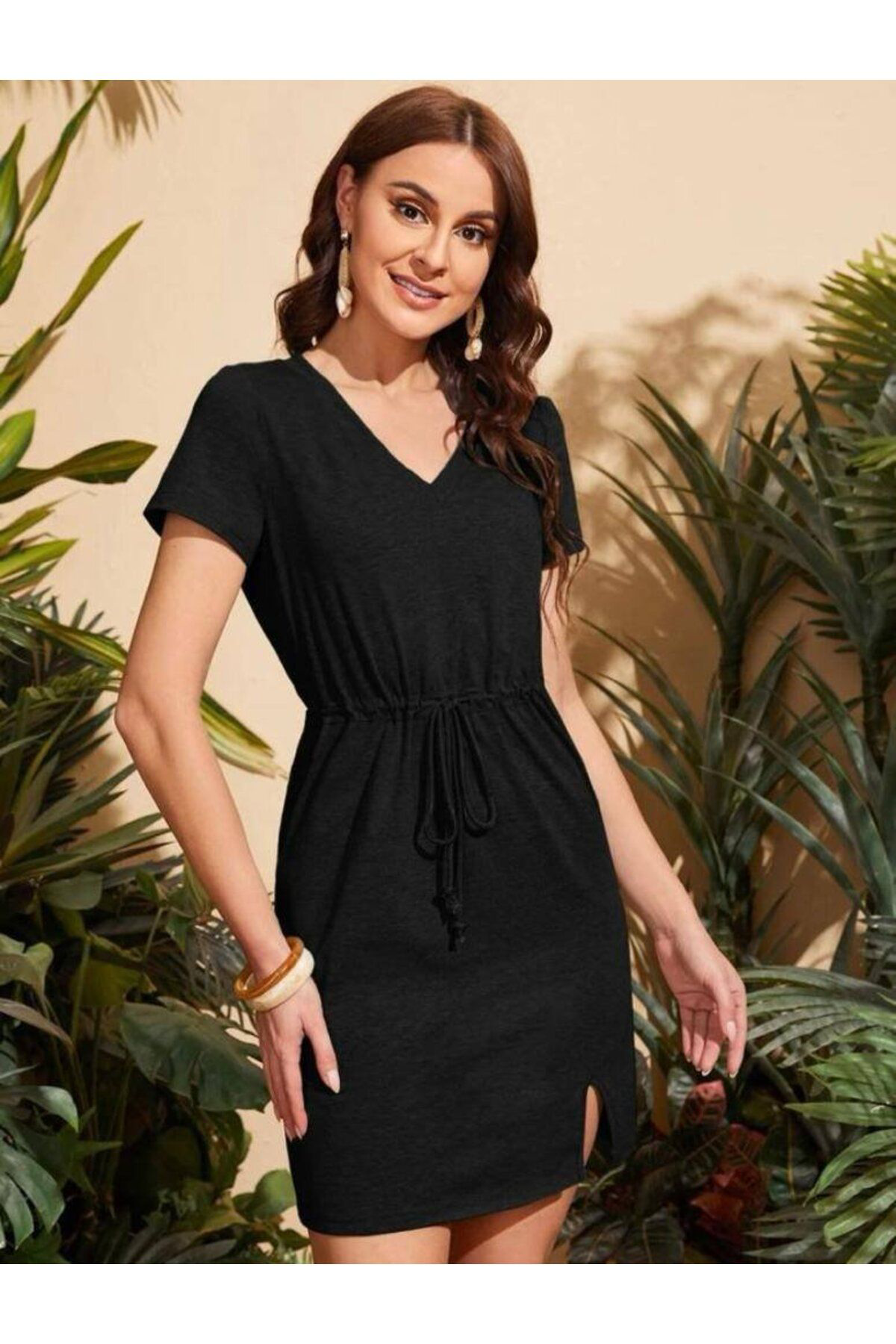 Kadın Beli Büzgülü V Yaka Iki Iplik Elbise