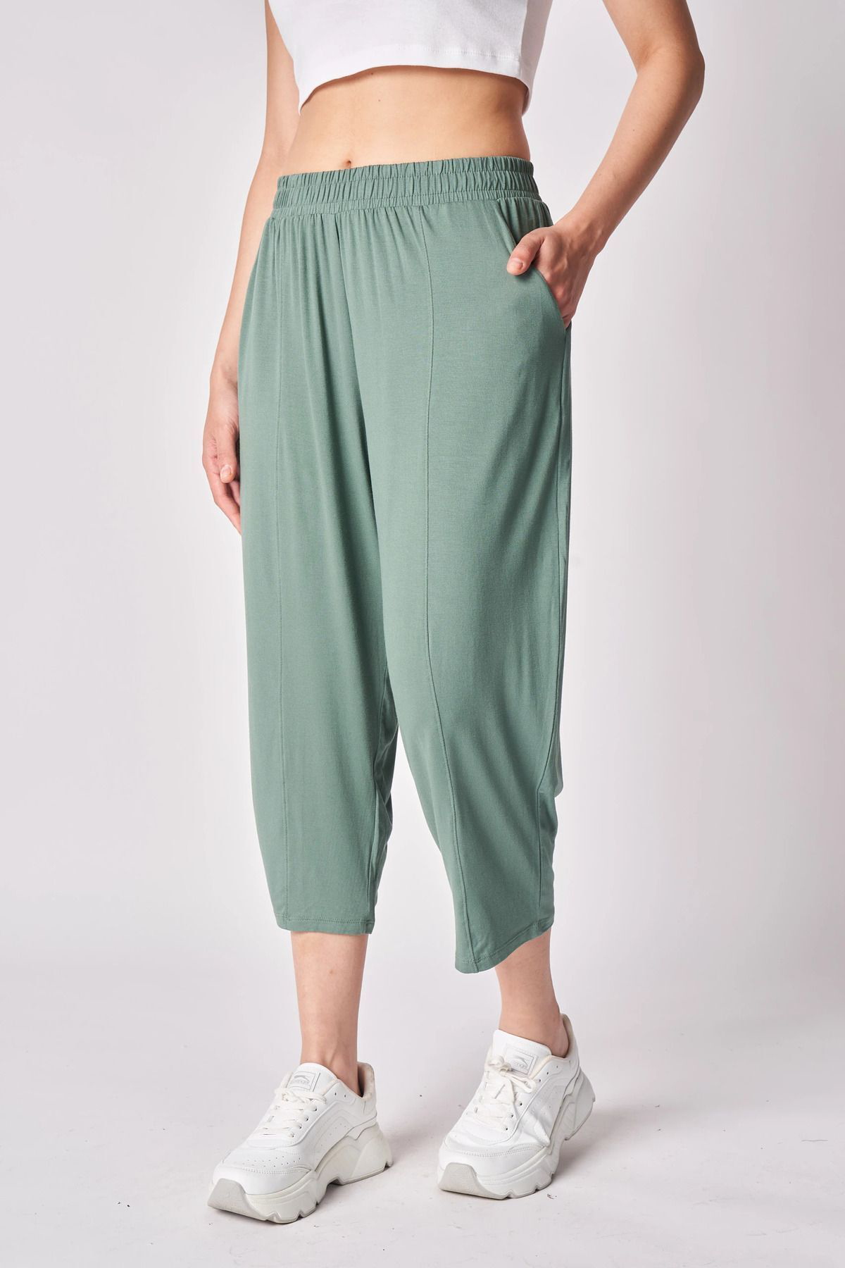 Kadın Beli Lastikli Regular Fit Dikiş Detaylı Şalvar Pantolon Kah