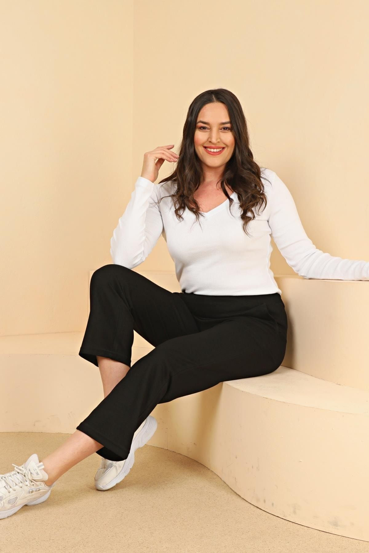 Ferace Kadin Beli Lastikli Buyuk Beden Likralı Bol Paça Penye Pantolon