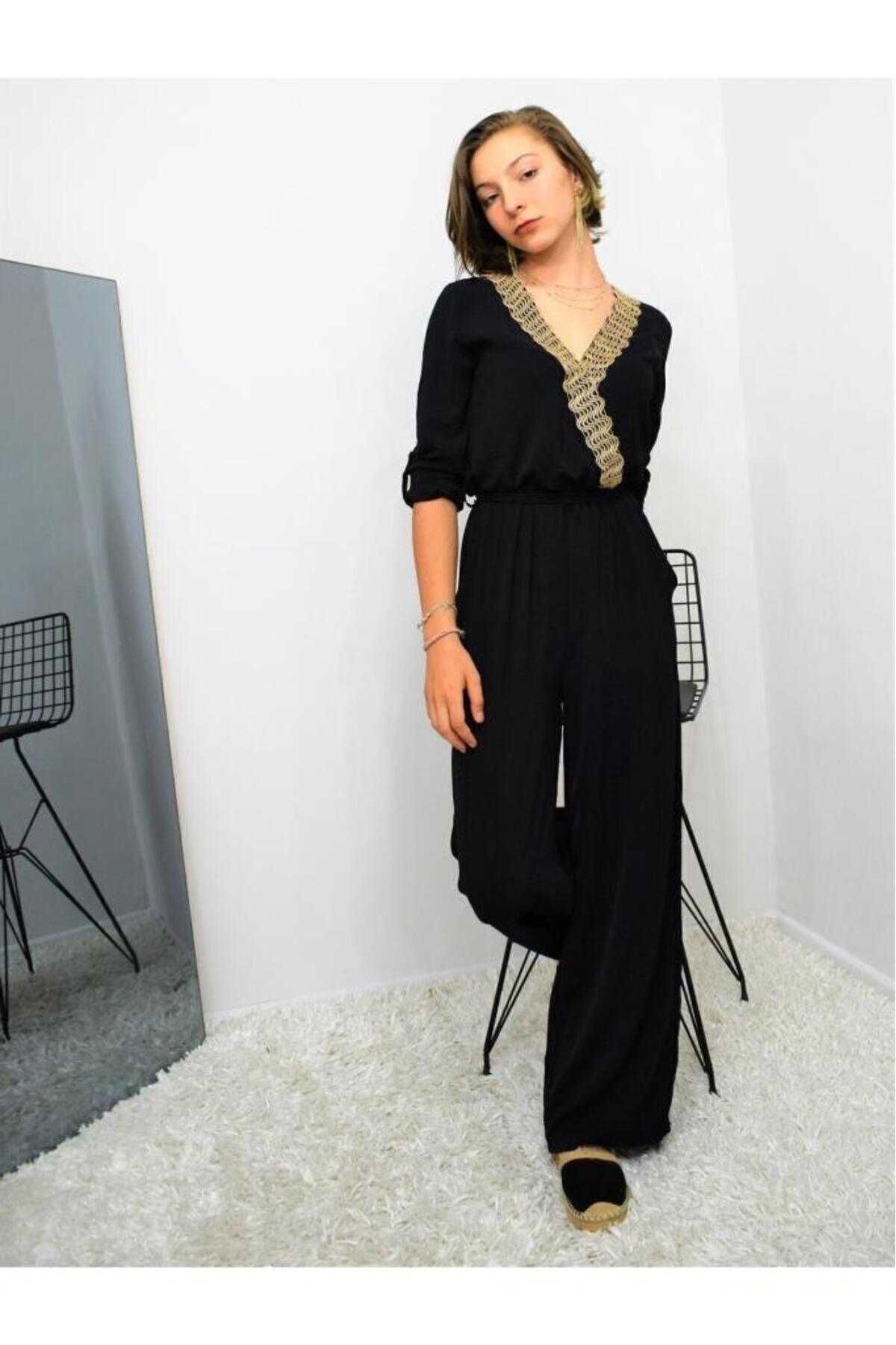 Pasaklı Giyim Kadın Beli Lastikli Kemerli Cepli Rahat Kolu Katlanabilir Kruvaze