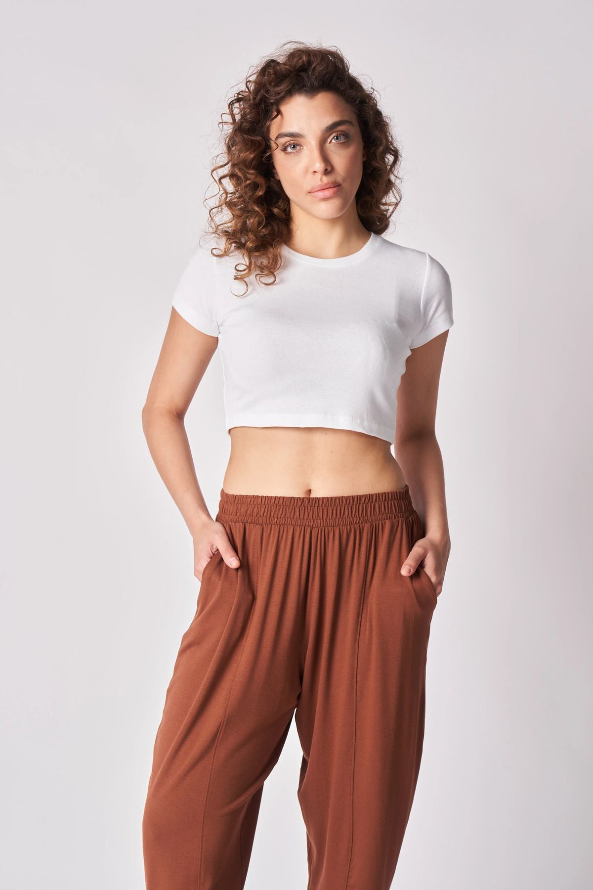 Defys Kadın Beli Lastikli Regular Fit Dikiş Detaylı Şalvar Pantolon Kah