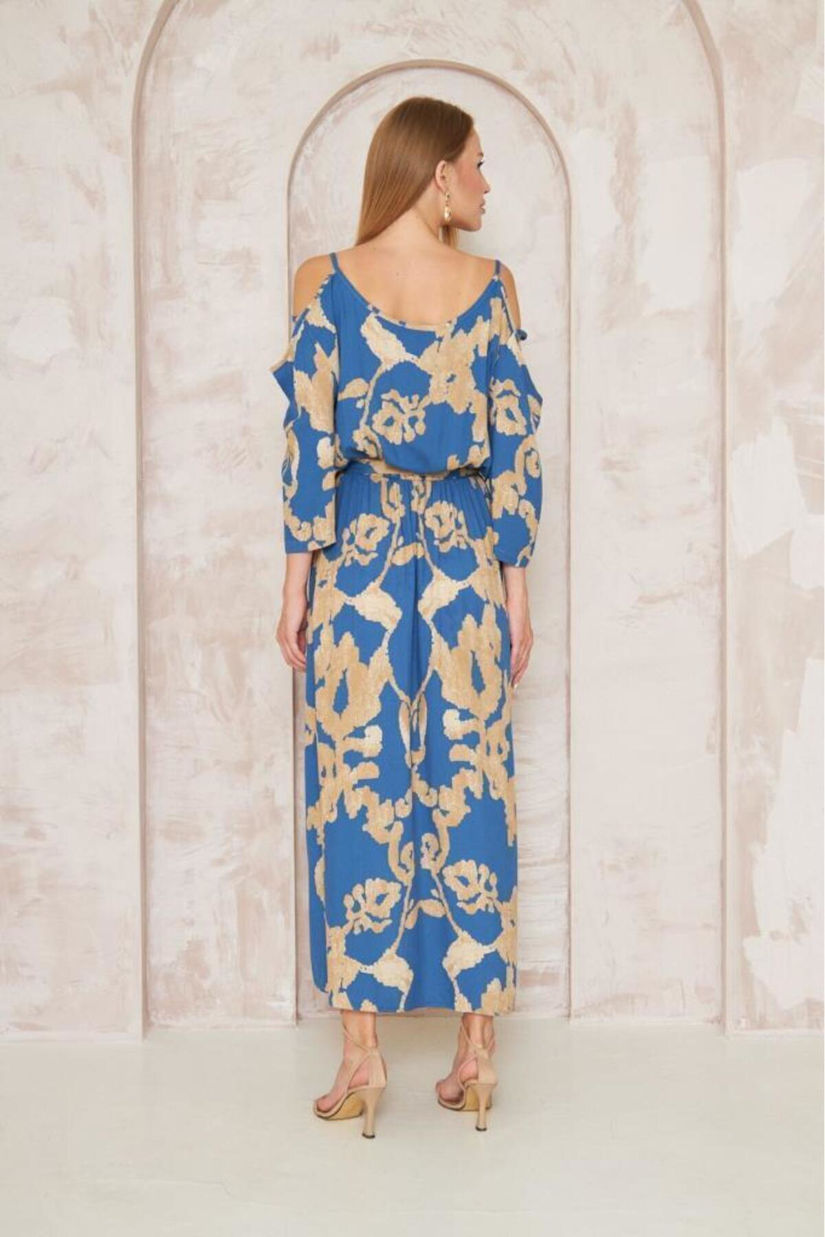 Pasaklı Giyim Kadın Beli Lastikli Kemerli Omuz Dekolte Salaş Uzun Viskon Elbise