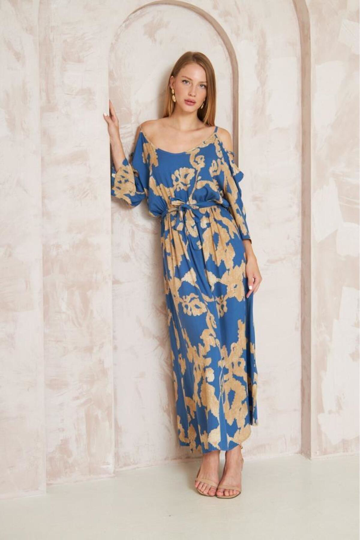 Pasaklı Giyim Kadın Beli Lastikli Kemerli Omuz Dekolte Salaş Uzun Viskon Elbise