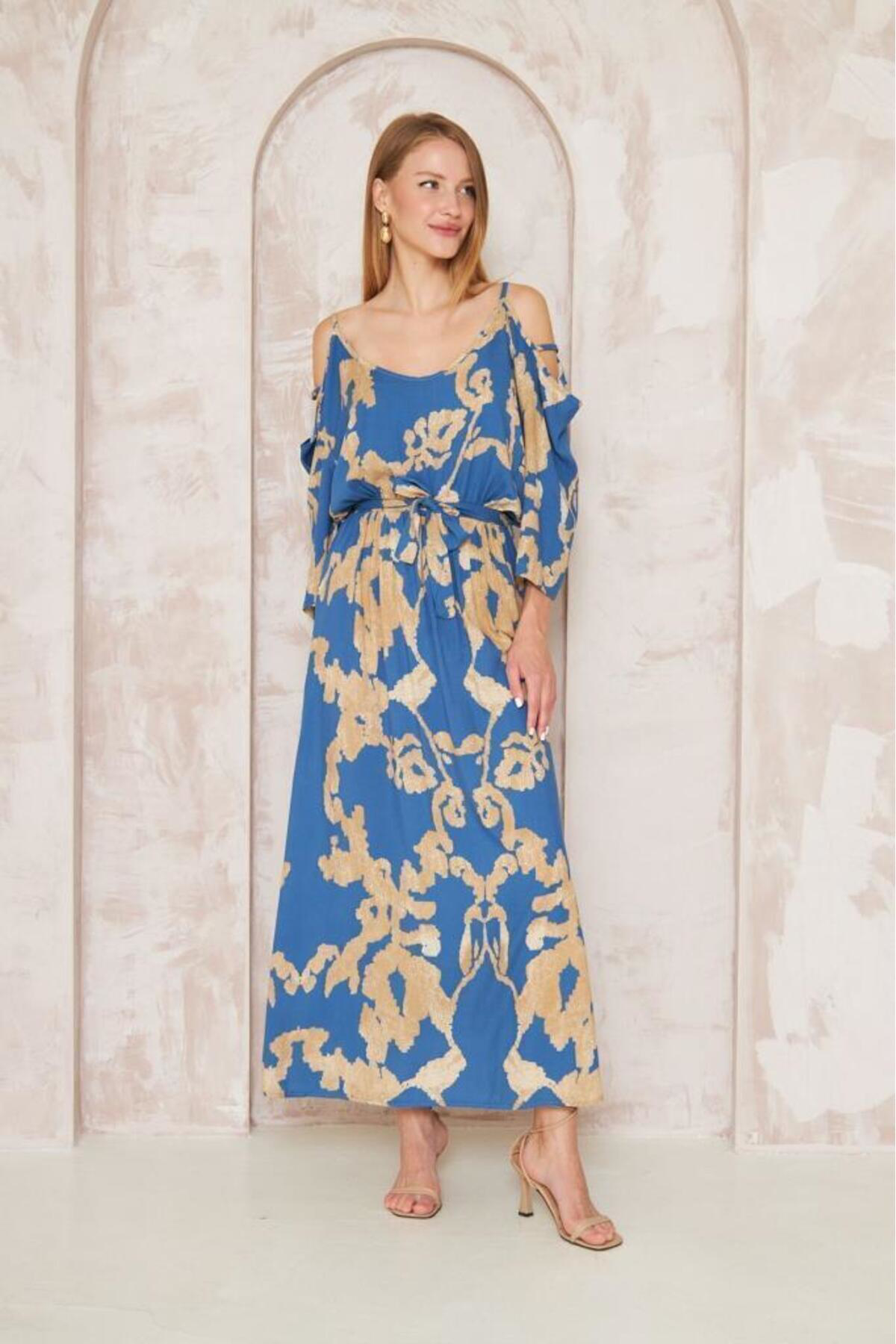 Pasaklı Giyim Kadın Beli Lastikli Kemerli Omuz Dekolte Salaş Uzun Viskon Elbise