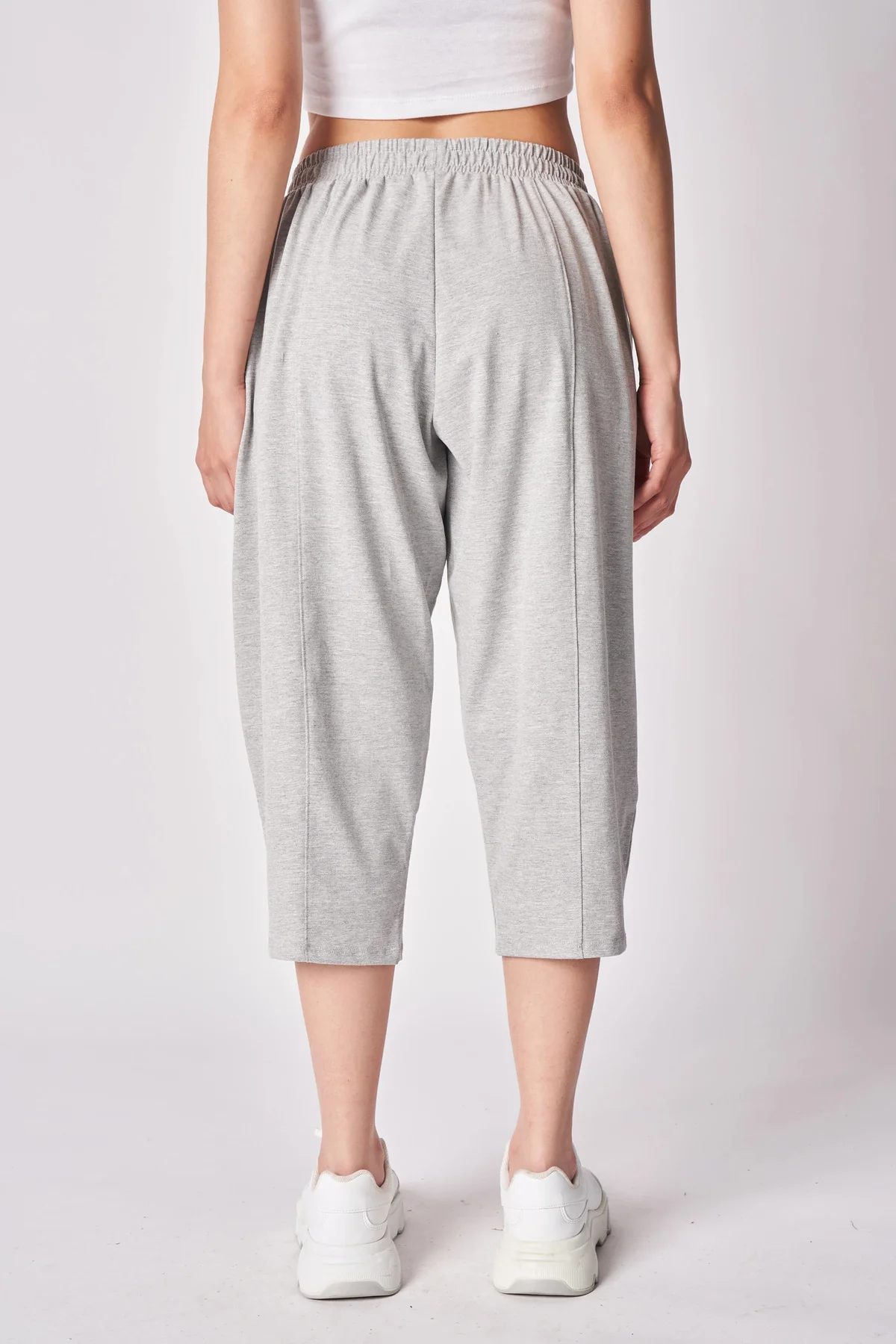 Kadın Beli Lastikli Regular Fit Dikiş Detaylı Şalvar Pantolon Gri Melanj