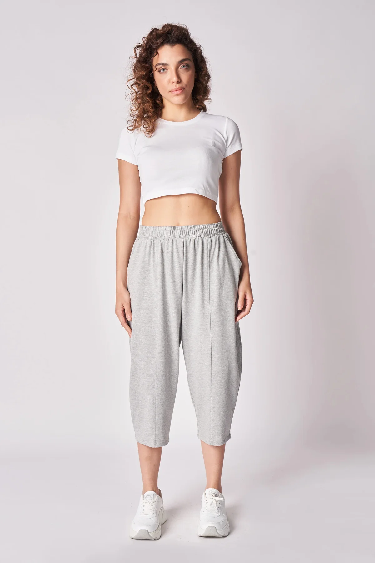 Kadın Beli Lastikli Regular Fit Dikiş Detaylı Şalvar Pantolon Gri Melanj