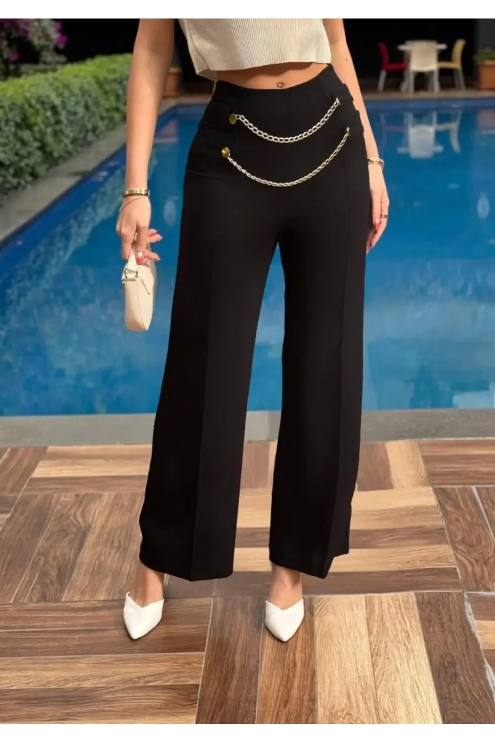 Kadın Beli Zincir Detay Ithal Krep Pantolon