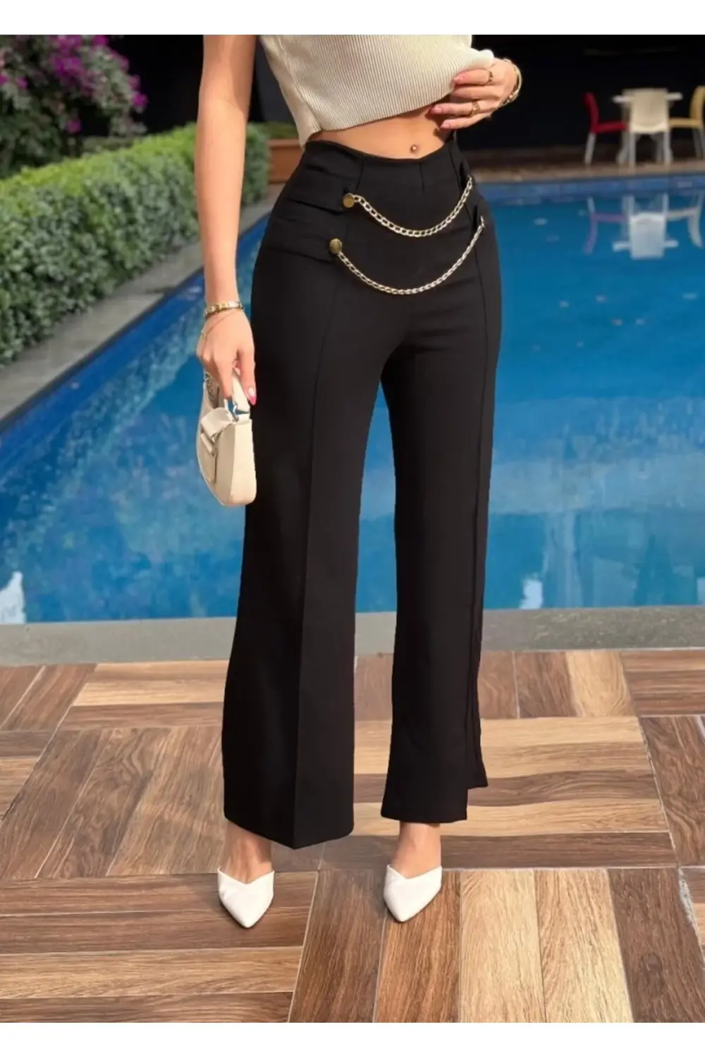 Kadın Beli Zincir Detay Ithal Krep Pantolon