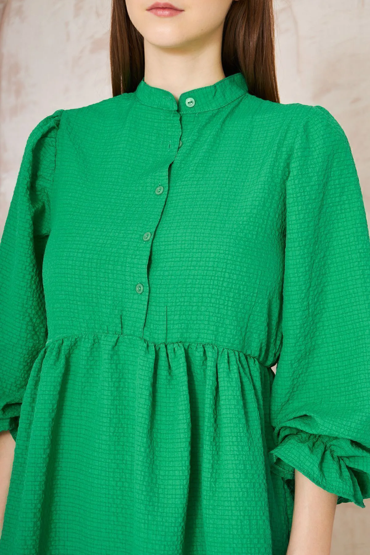 Kadın Benetton Gofre Balon Kol Büzgülü Tunik / Beli Lastikli Cepl