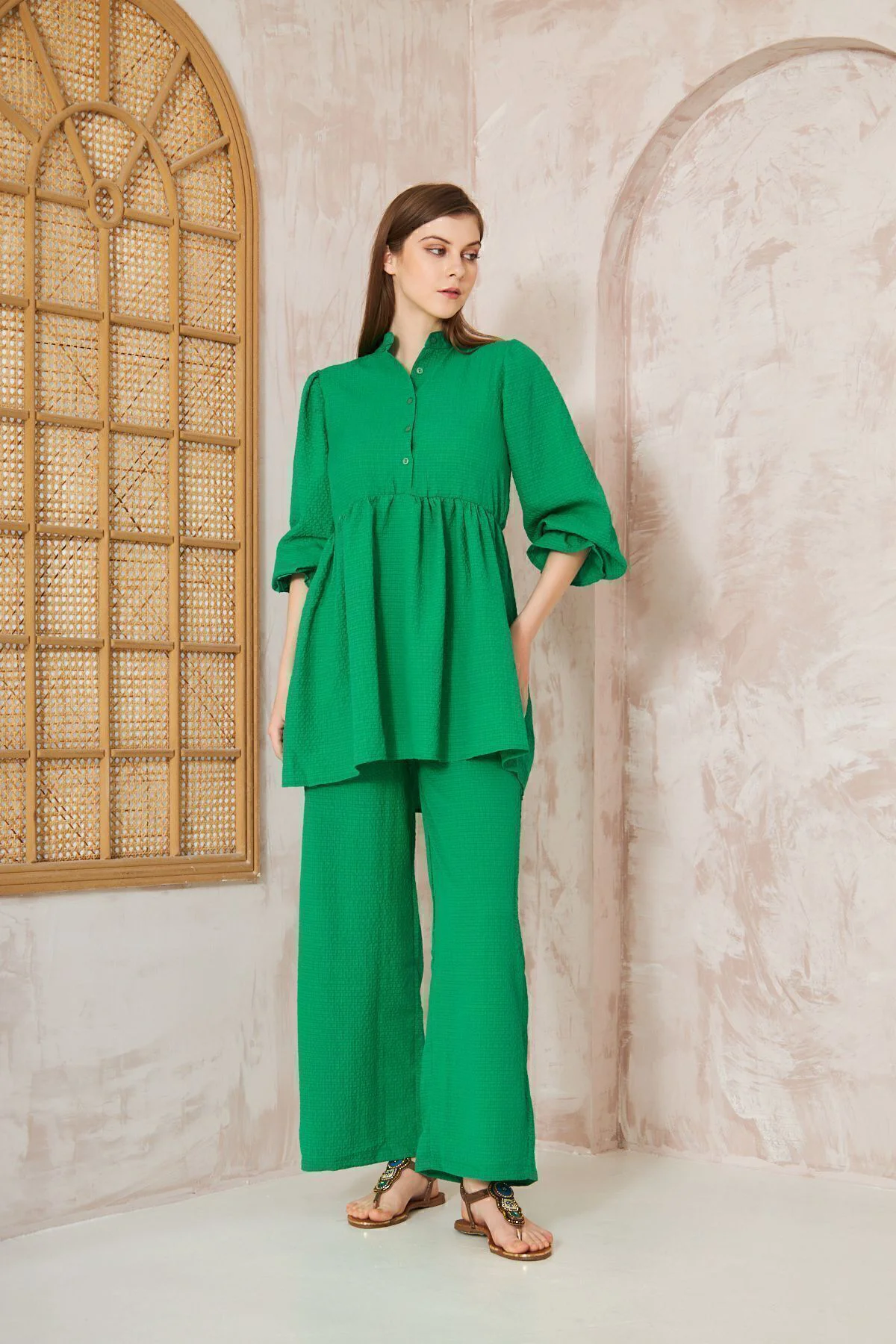 Kadın Benetton Gofre Balon Kol Büzgülü Tunik / Beli Lastikli Cepl