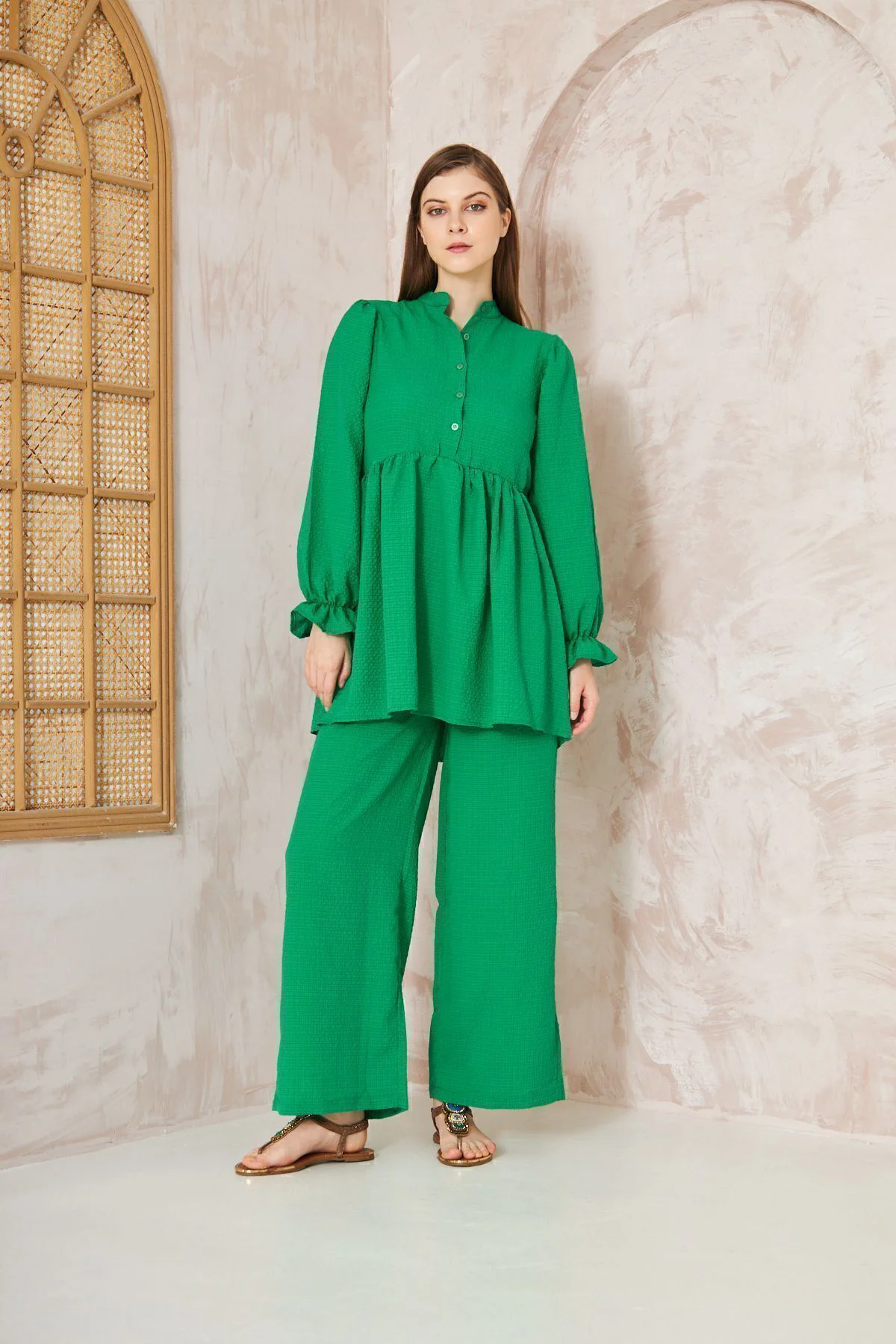 Kadın Benetton Gofre Balon Kol Büzgülü Tunik / Beli Lastikli Cepl