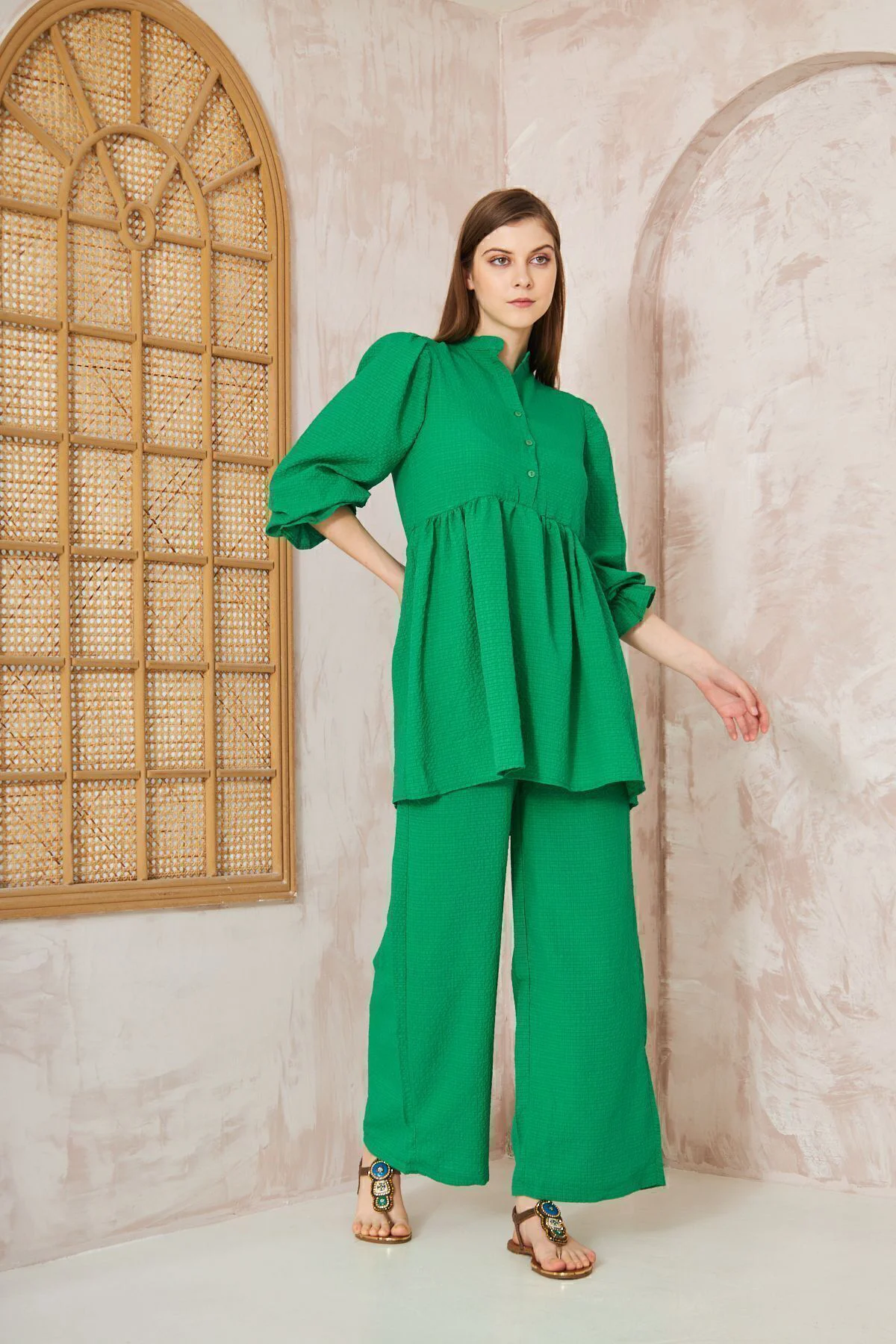 Kadın Benetton Gofre Balon Kol Büzgülü Tunik / Beli Lastikli Cepl