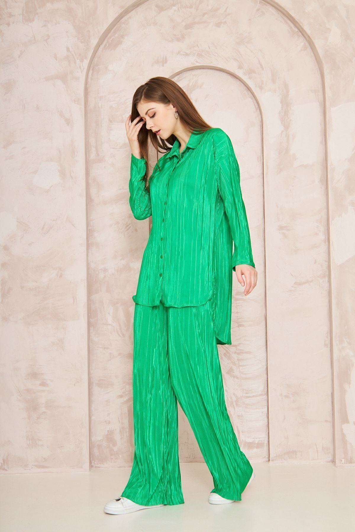 Yıldızistan Kadın Benetton Pliseli Bol Beli Lastikli Pantolon Tunik Gömlek İk