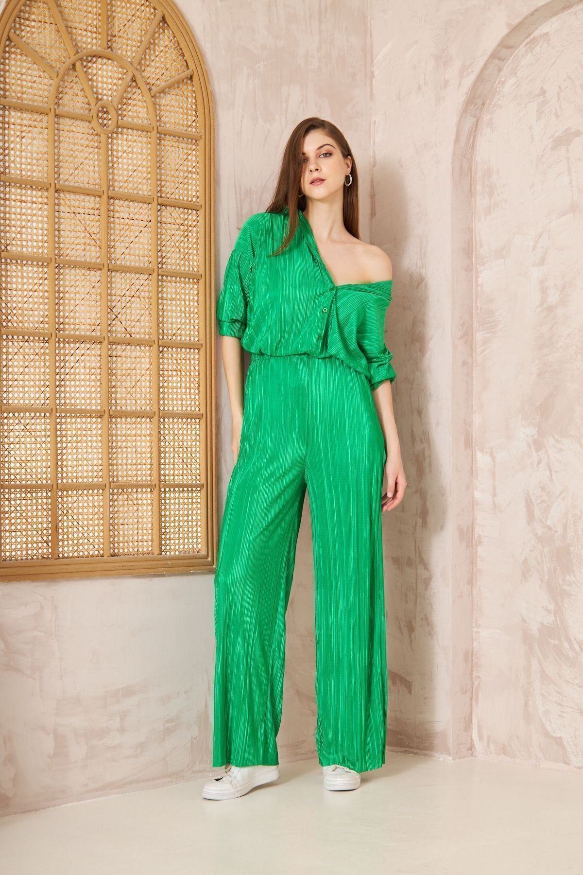 Yıldızistan Kadın Benetton Pliseli Bol Beli Lastikli Pantolon Tunik Gömlek İk