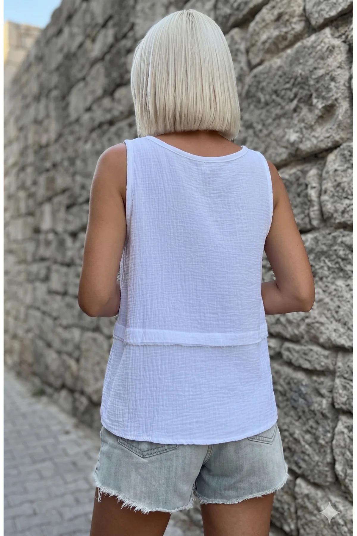Kadın Beyaz %100 Pamuk Muslin Pis Dikiş Askılı Katlı Salaş Basic 