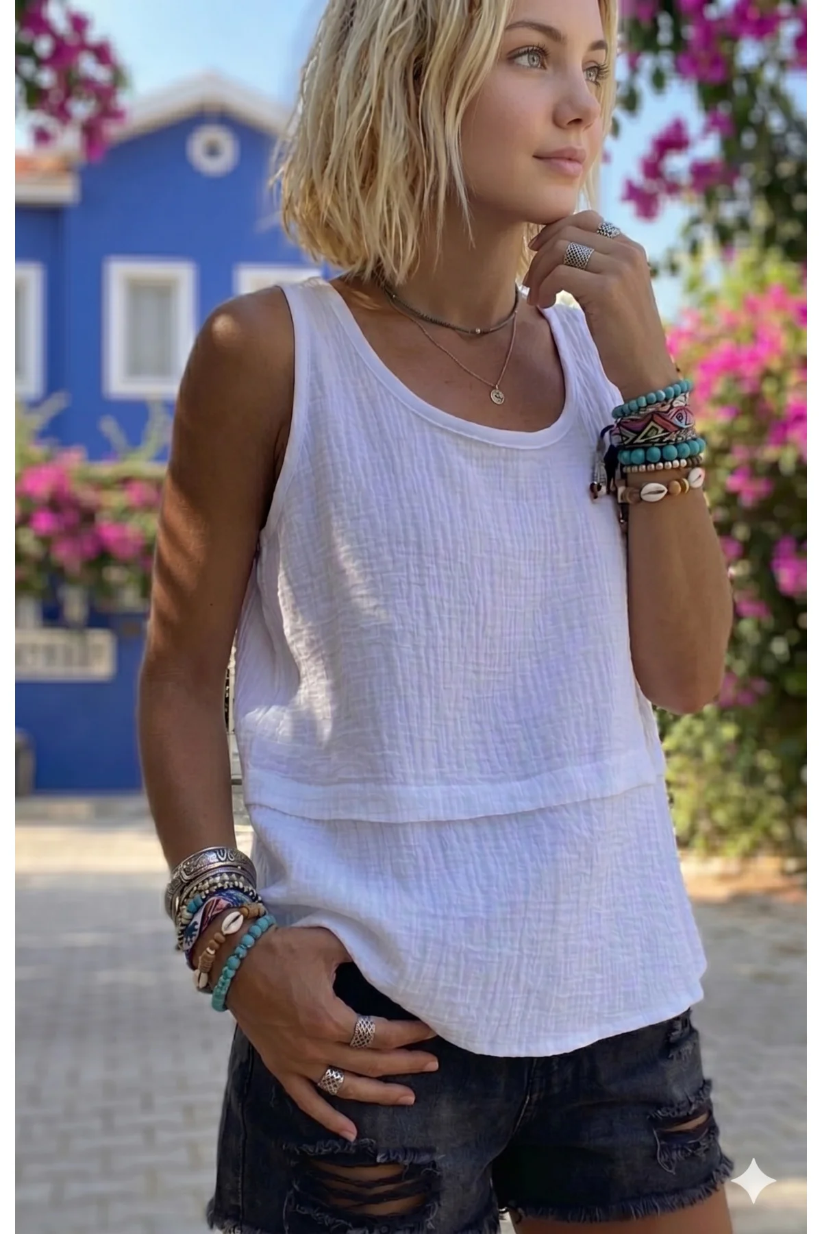 Kadın Beyaz %100 Pamuk Muslin Pis Dikiş Askılı Katlı Salaş Basic 