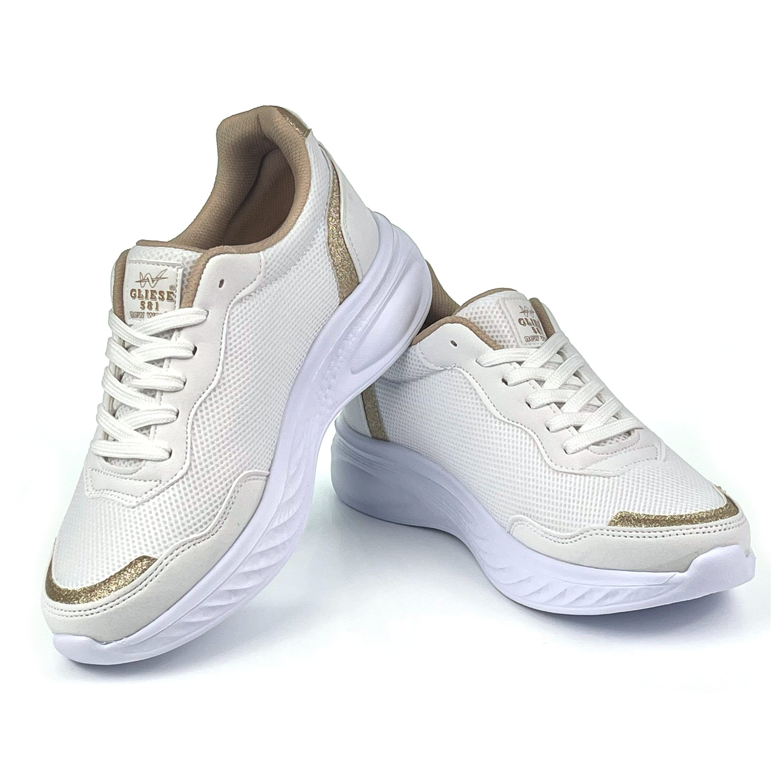 Kajila Kadın Beyaz Altın Hafif Fileli Günlük Rahat Sneaker Spor Ayakkabı