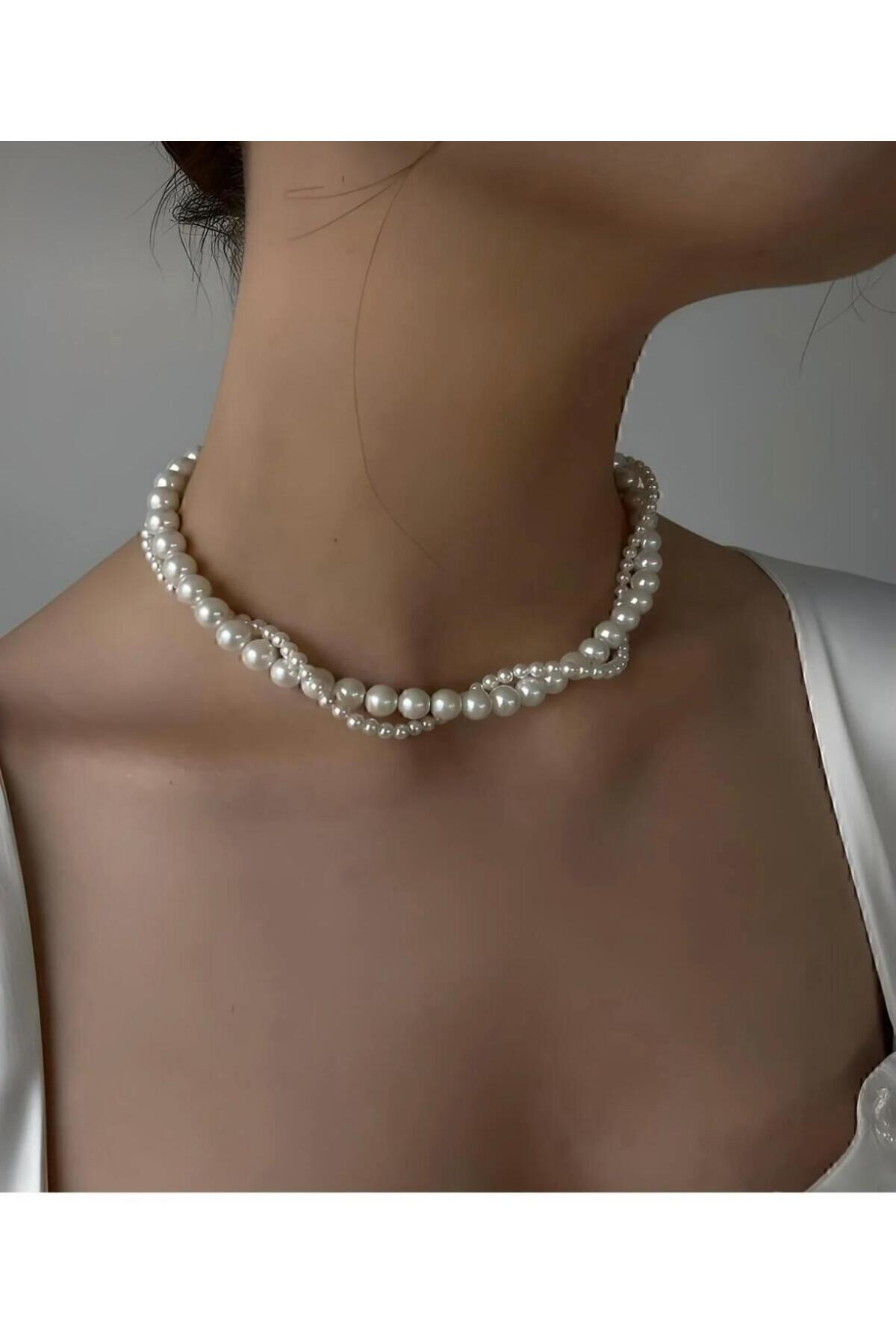 KADIN BEYAZ BAROK TARZ ZARİF SARMAL İKİLİ İNCİ KOLYE