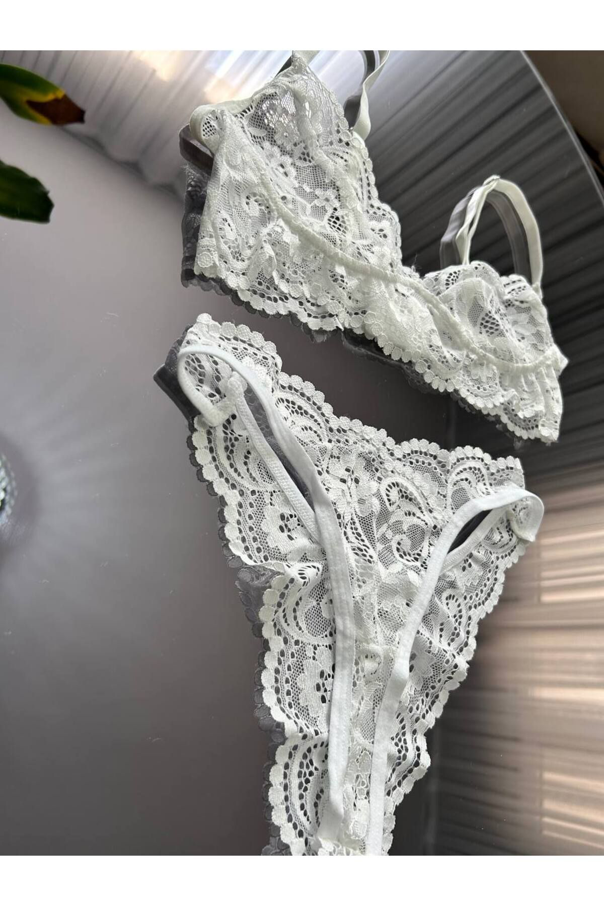 Kadın Beyaz Dantelli Desteksiz Toparlayıcı Balenli Sütyen Külot Takımı, Rahat İç Çamaşır Takımı