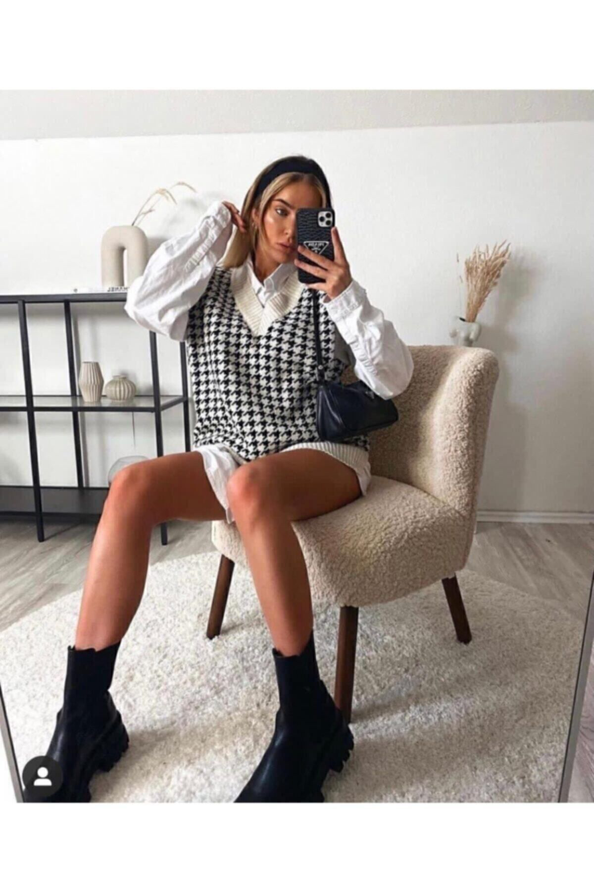 Hotfashion Kadin Beyaz Ekose Süveter