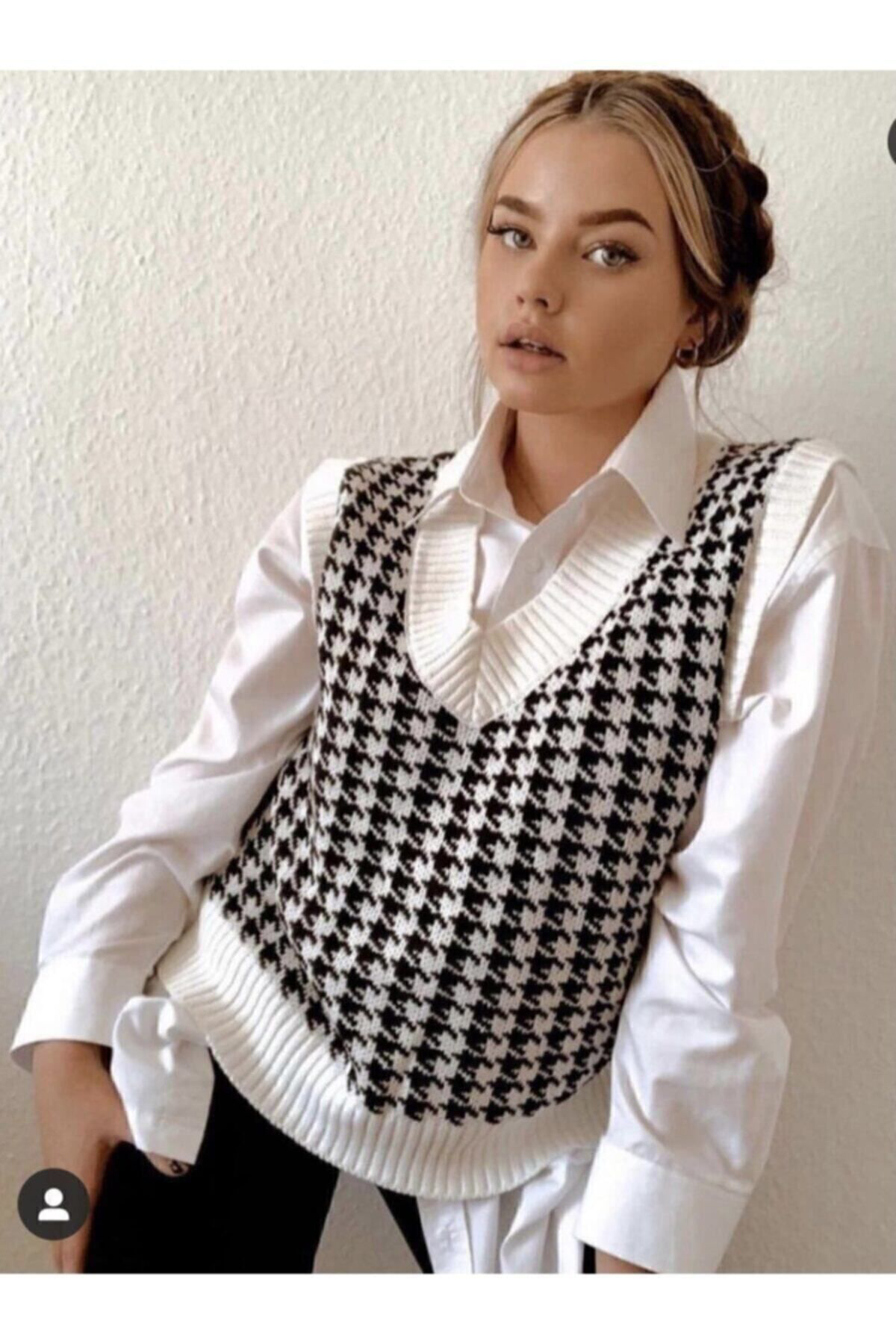 Hotfashion Kadin Beyaz Ekose Süveter