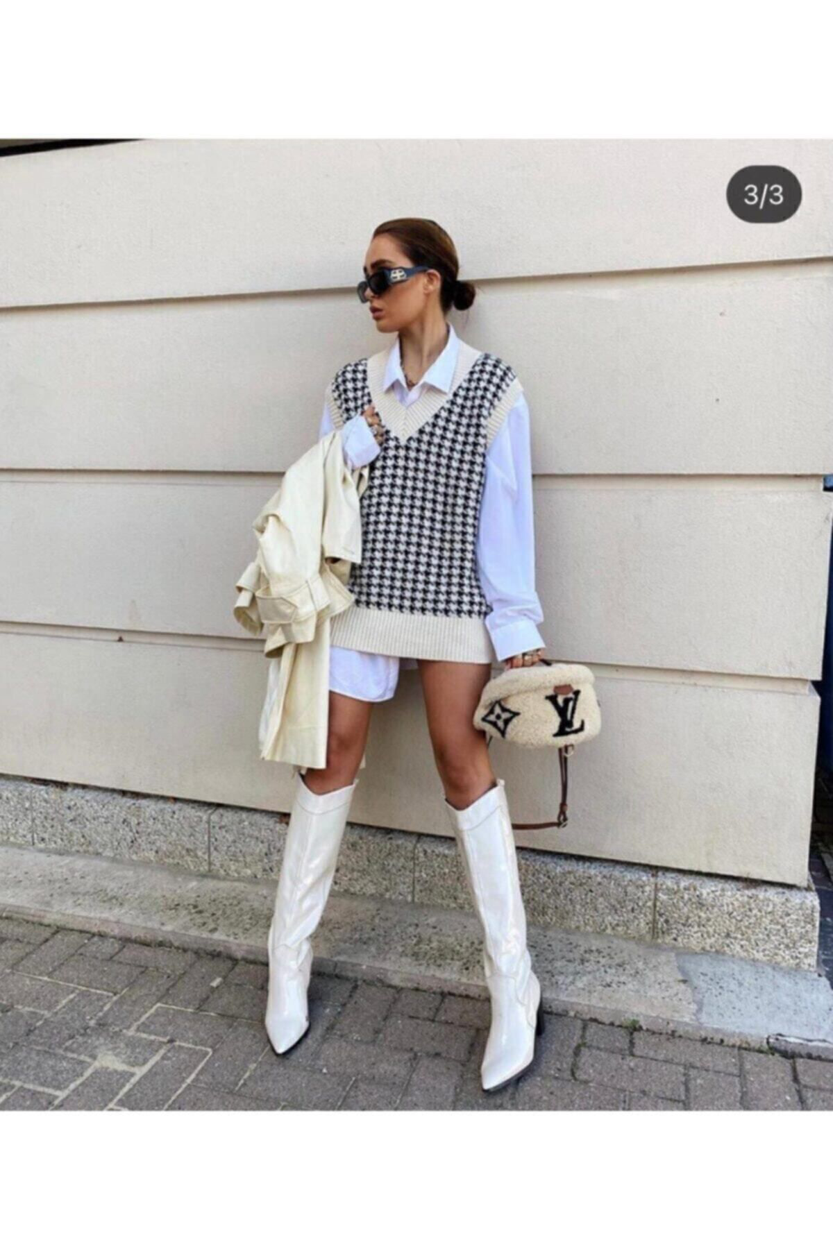 Hotfashion Kadin Beyaz Ekose Süveter