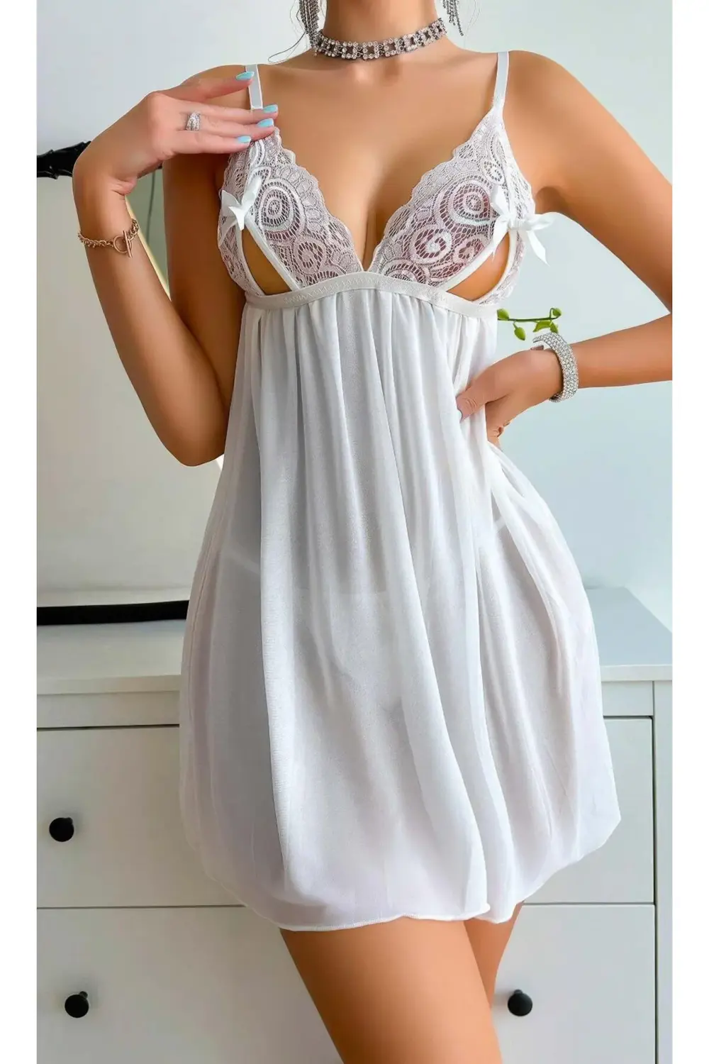 Pilelistore Kadın Beyaz Fantazi Gecelik Tül Göğüs Dekolteli Fiyok Detaylı 208