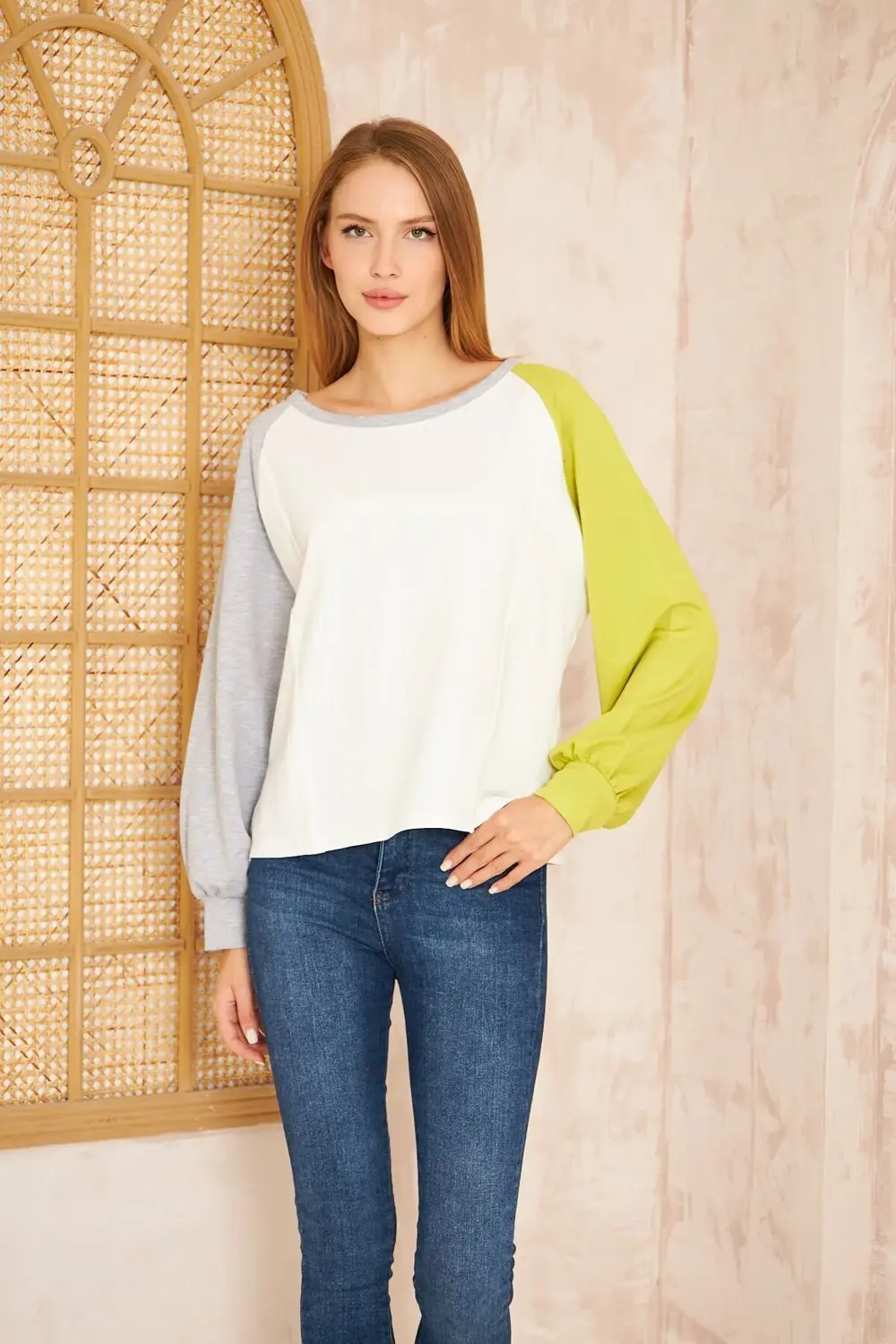 Kadın Beyaz Fıstık Yeşil Gri Yuvarlak Yaka Dikiş Detaylı Uzun Kol