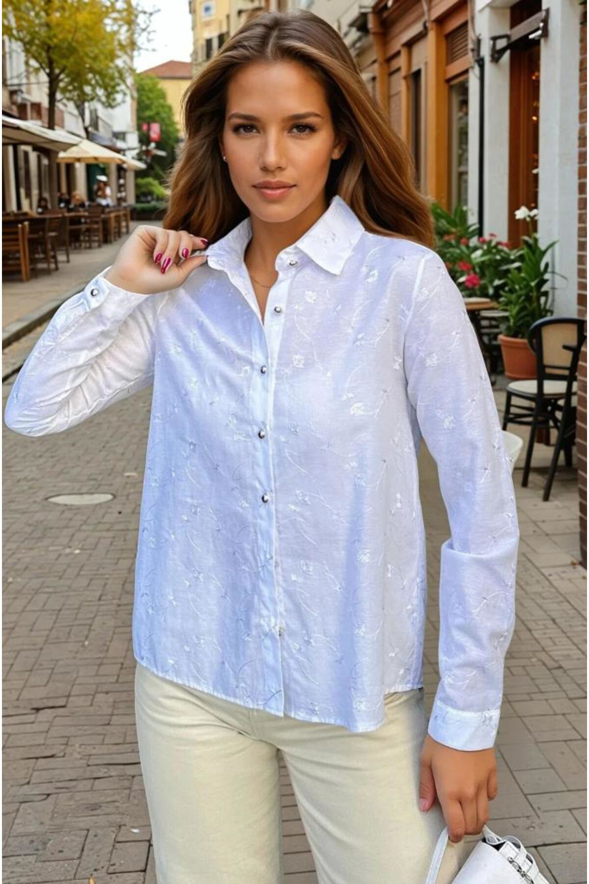 Kadın Beyaz Klasik Basic Poplin Gömlek-Nakış Detaylı 700-3398253