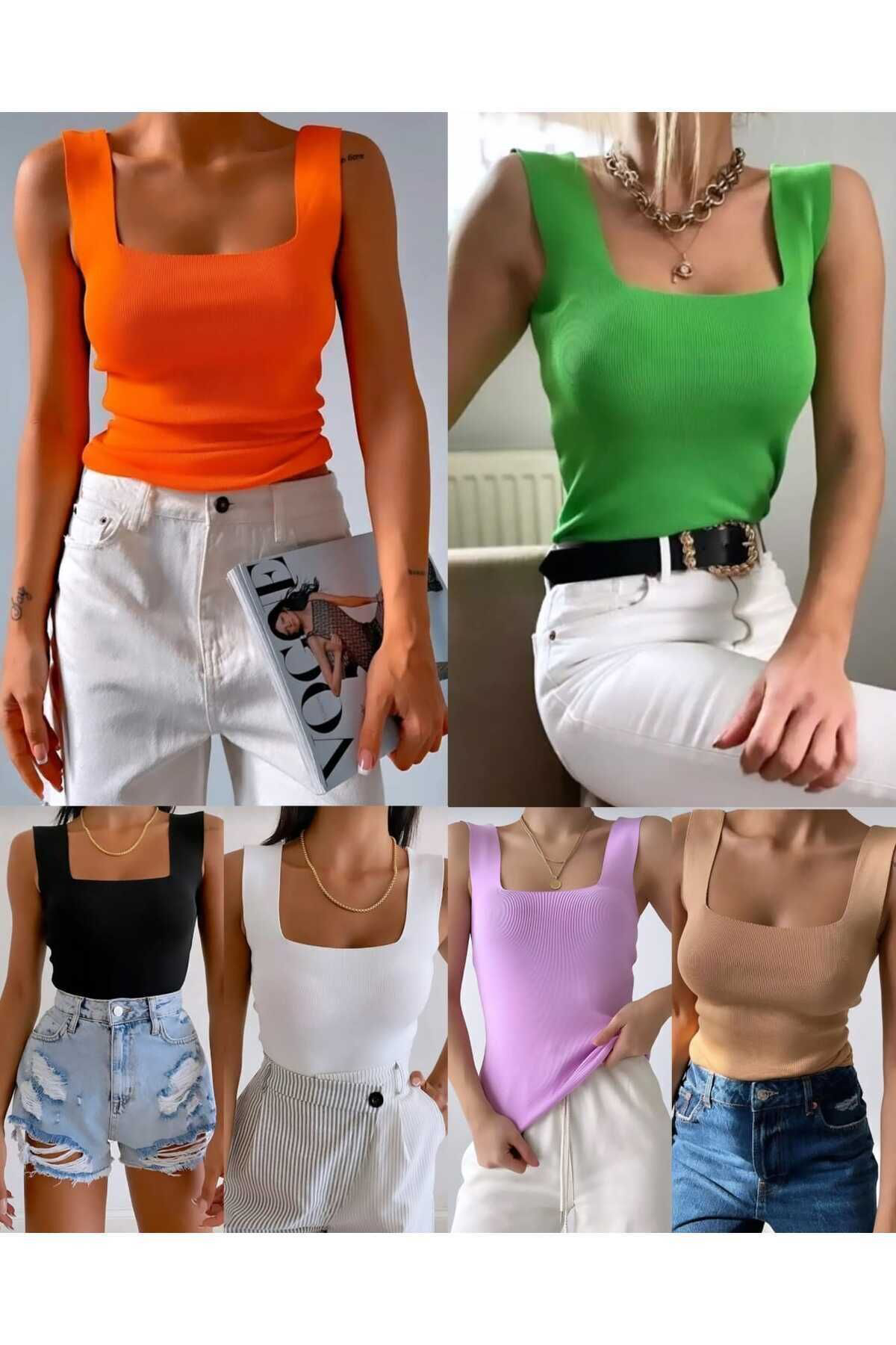 - Kadın Beyaz Kolsuz Bluz Askılı Atlet Kare Yaka Triko