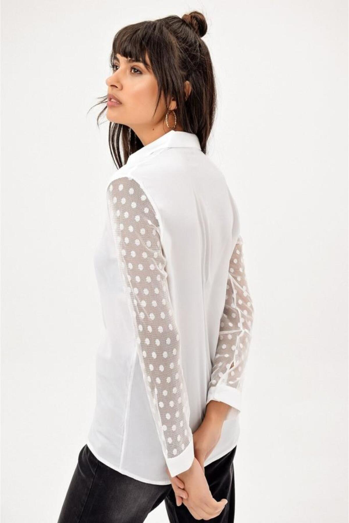 Pasaklı Giyim Kadın Beyaz Kolları Tül Detaylı Uzun Kollu Gömlek 5015210