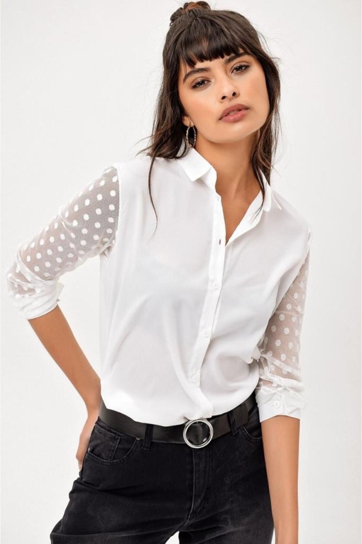 Pasaklı Giyim Kadın Beyaz Kolları Tül Detaylı Uzun Kollu Gömlek 5015210