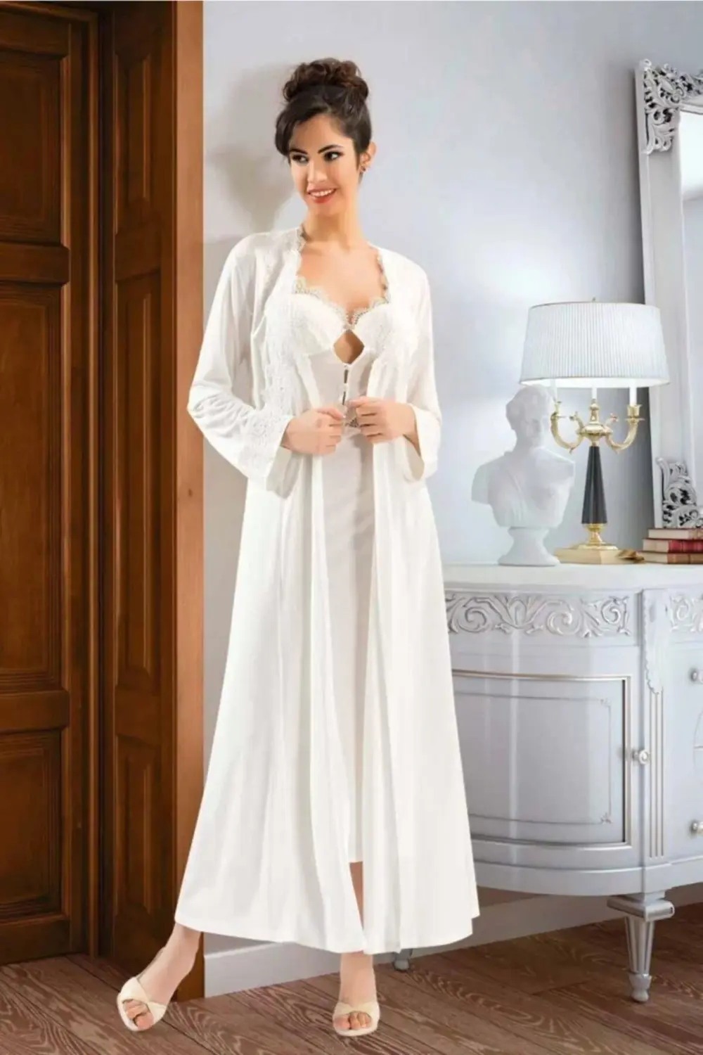 Kadın Beyaz Pamuklu Dantelli Gecelik Sabahlık Takım 3004