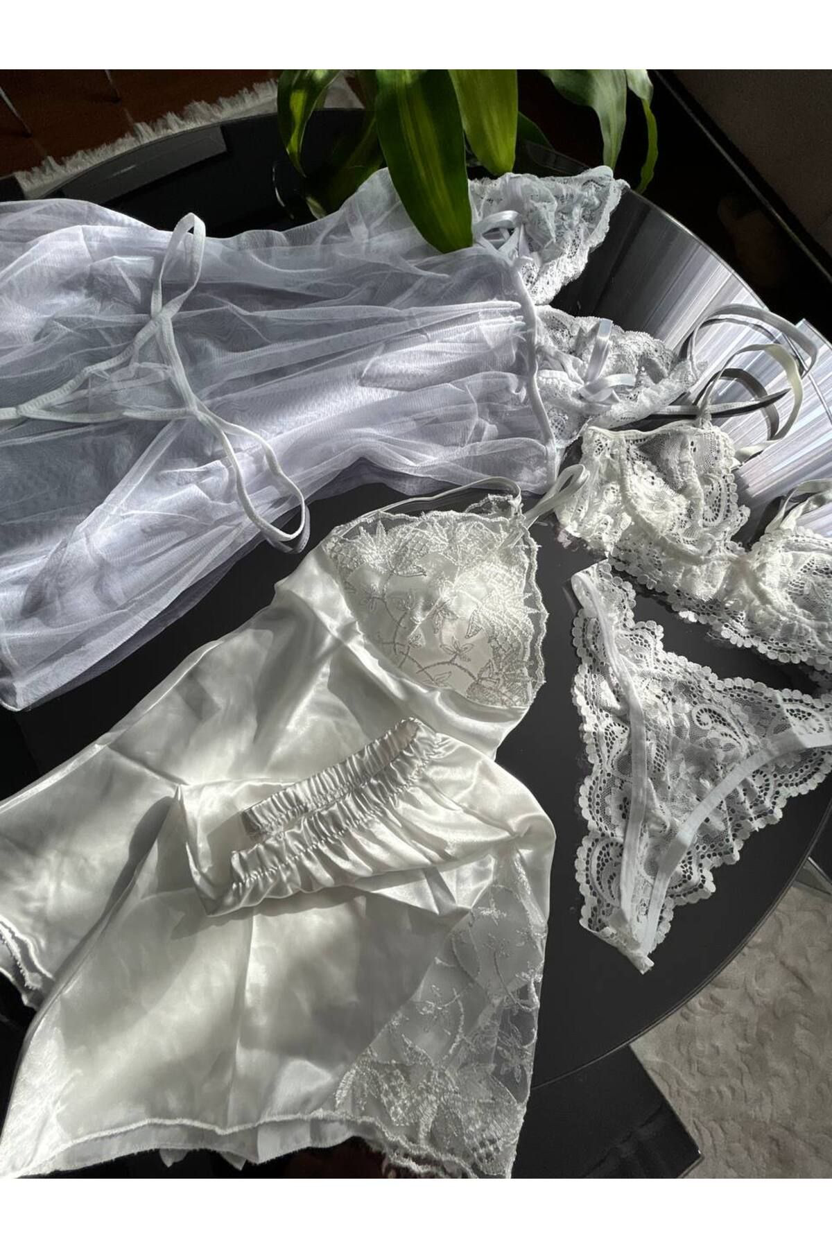 Kadın Beyaz Saten 6 Parça Gelin Gecelik Sabahlık Pijama İç Giyim Çeyiz Seti