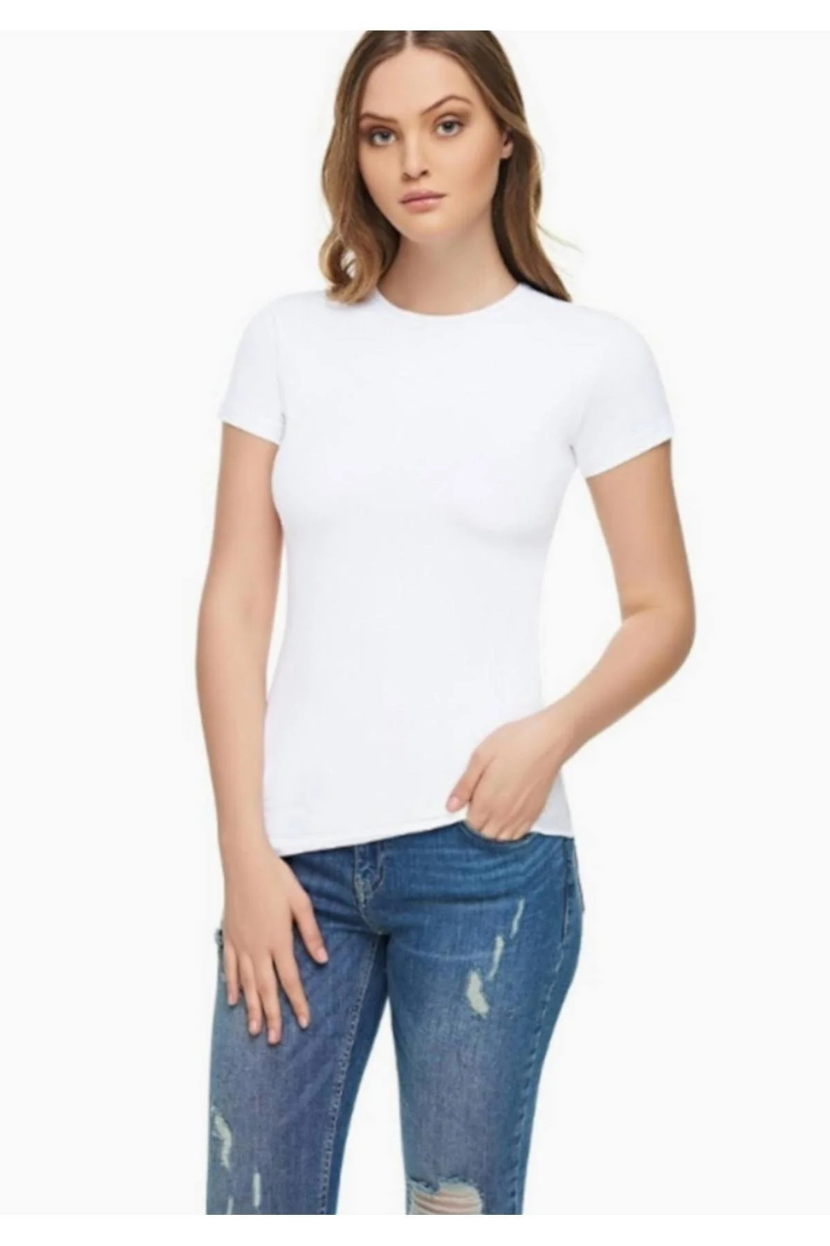 Kadın Beyaz Sıfır Yaka Likralı Kısa Kol T Shirt Yeni Sezon