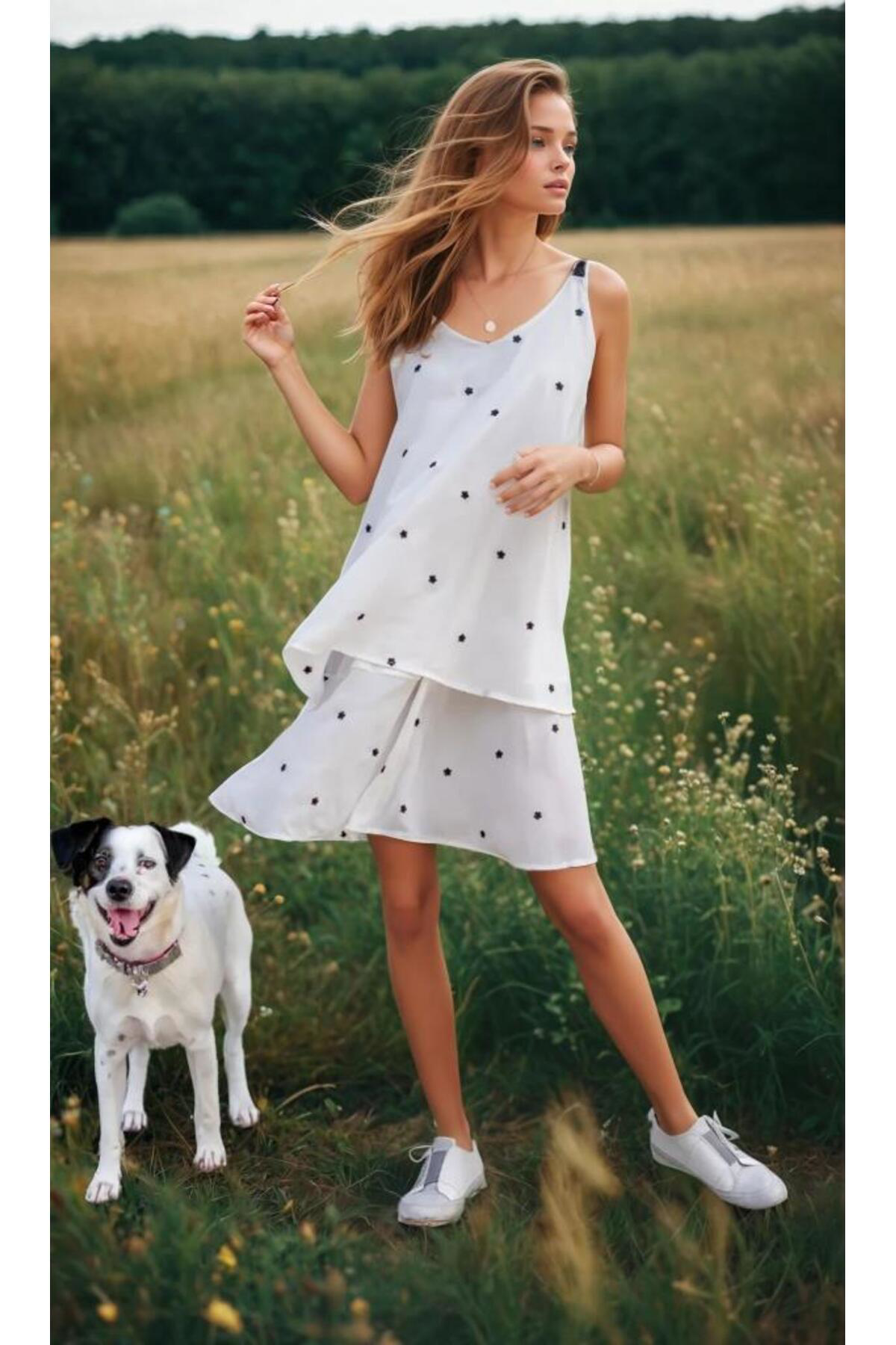 Pasaklı Giyim Kadın Beyaz Şifon Nakış-Deri Askı Giy Çık Askılı Günlük Midi Yazl