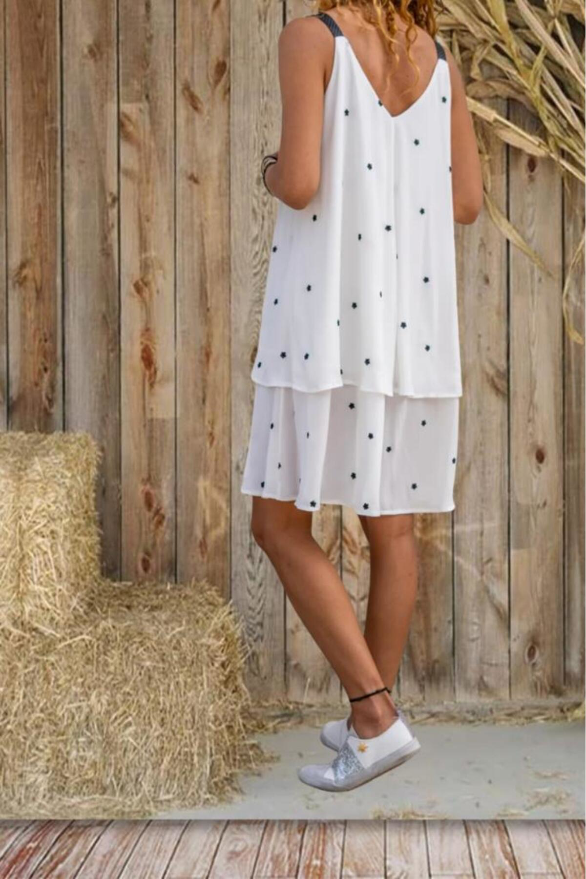 Pasaklı Giyim Kadın Beyaz Şifon Nakış-Deri Askı Giy Çık Askılı Günlük Midi Yazl