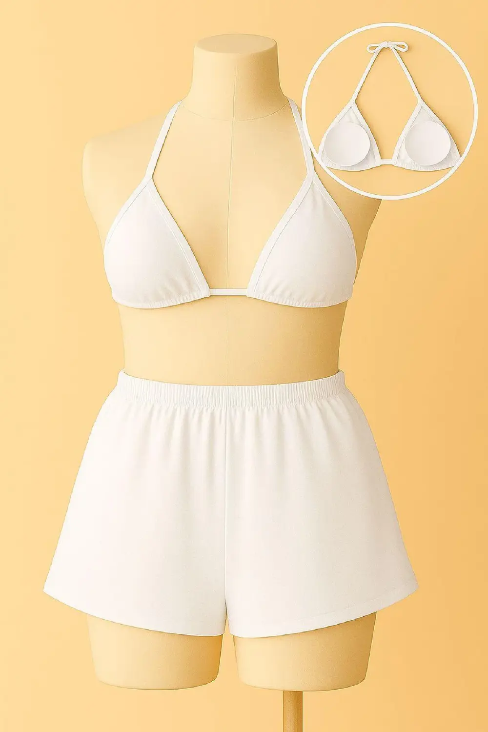 Pilelistore Kadın Beyaz Şortlu Belden Ve Boyundan Bağlamalı Bikini Takımı