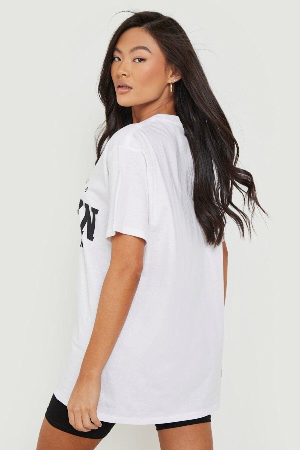 Kadın Beyaz Usa Brooklyn Göğüs Baskılı Oversize Bisiklet Yaka T-s