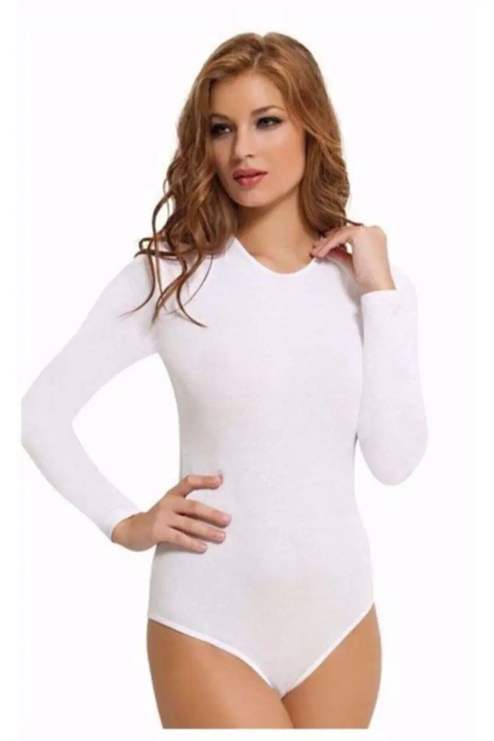 Kadın Beyaz Uzun Kollu Bisiklet Yaka Çıtçıtlı Badi