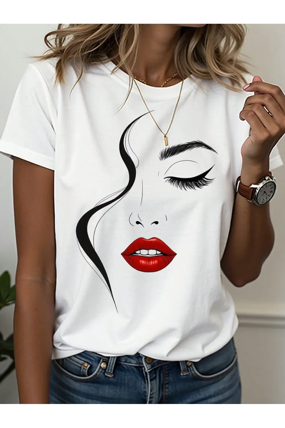 kadın Beyaz yüz baskılıT-shirt