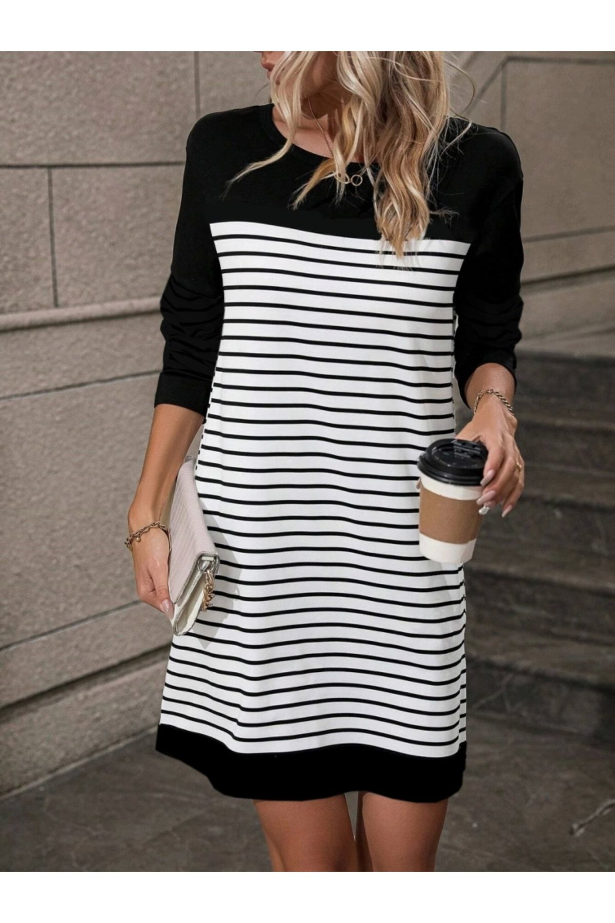 Kadın Bisiklet Yaka Uzun Kol çizgili Iki Iplik Kumaş Mini Boy Elb