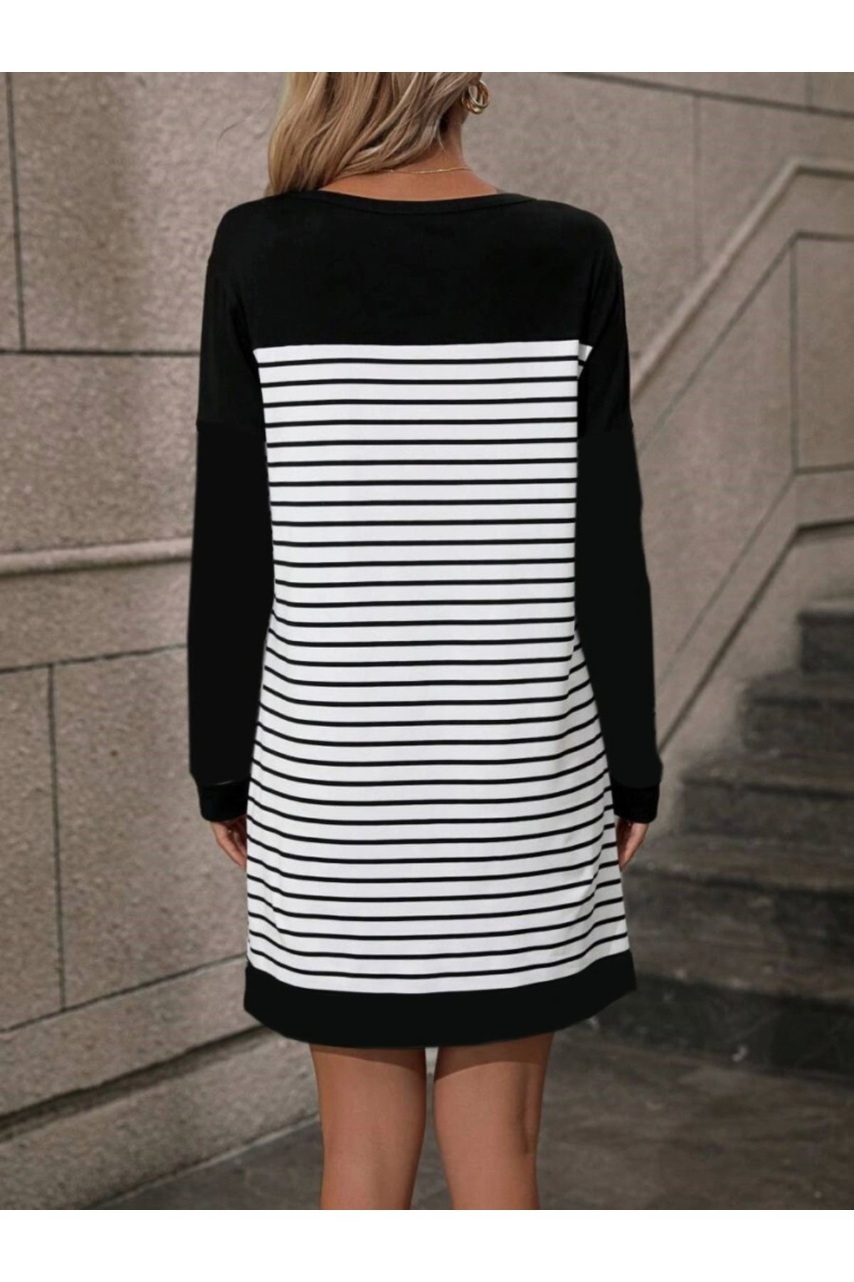 Kadın Bisiklet Yaka Uzun Kol çizgili Iki Iplik Kumaş Mini Boy Elb