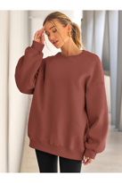 Kadın Bisiklet Yaka Basic Oversize Sweatshirt GÜL KURUSU