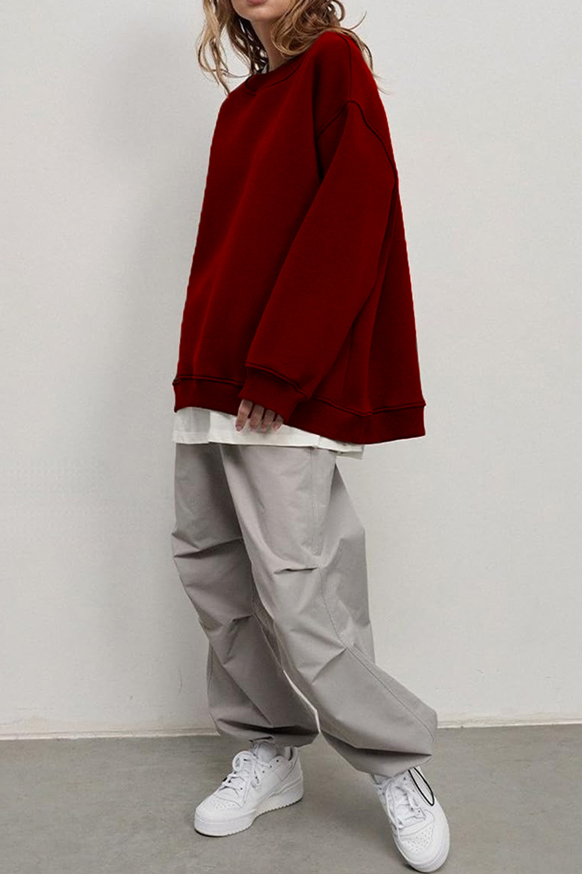 Kadın Bisiklet Yaka İçi Şardonlu, Kışlık Yumuşak Bol Sweatshirt B